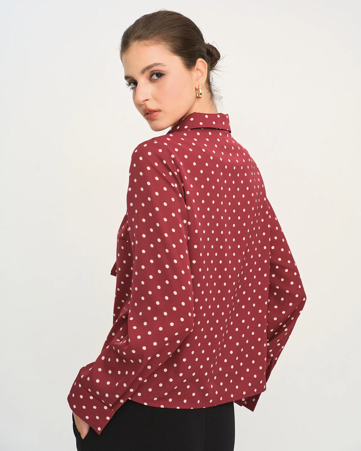Dark Red Polka Dot Tie Neck Shirt - Image 3