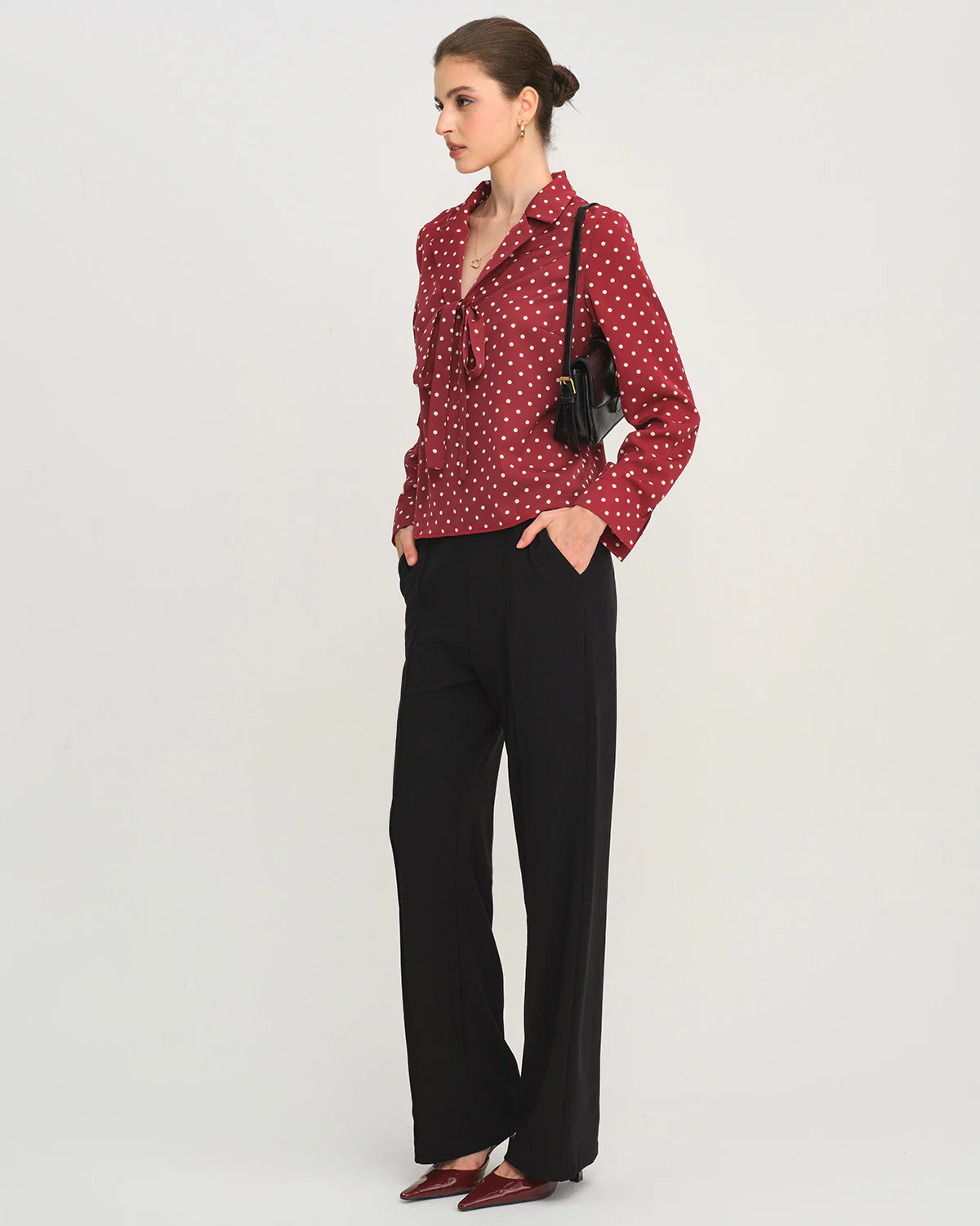 Dark Red Polka Dot Tie Neck Shirt - Image 4