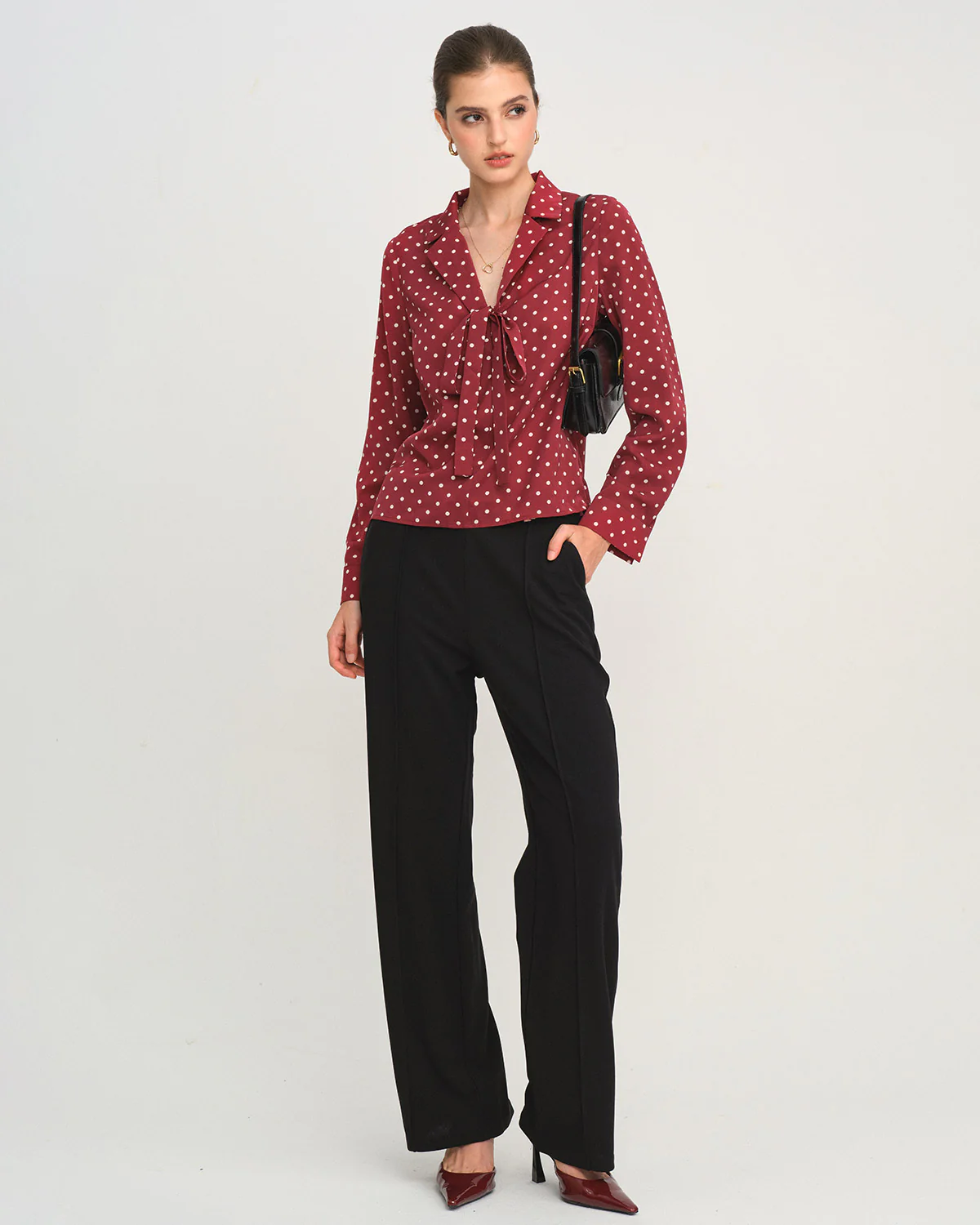 Dark Red Polka Dot Tie Neck Shirt - Image 5