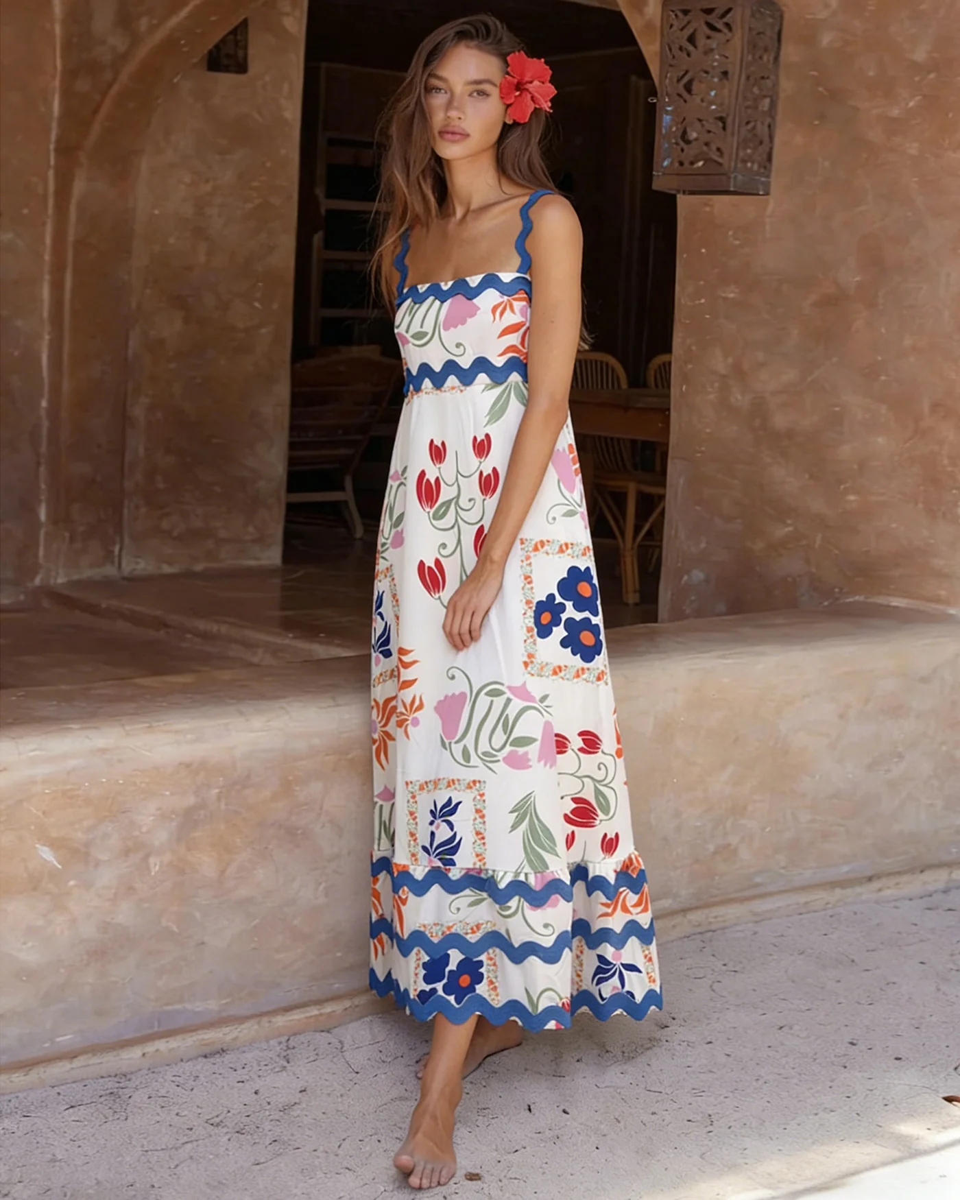 Floral Splicing Contrasting Slip Midi Dress - Image 2