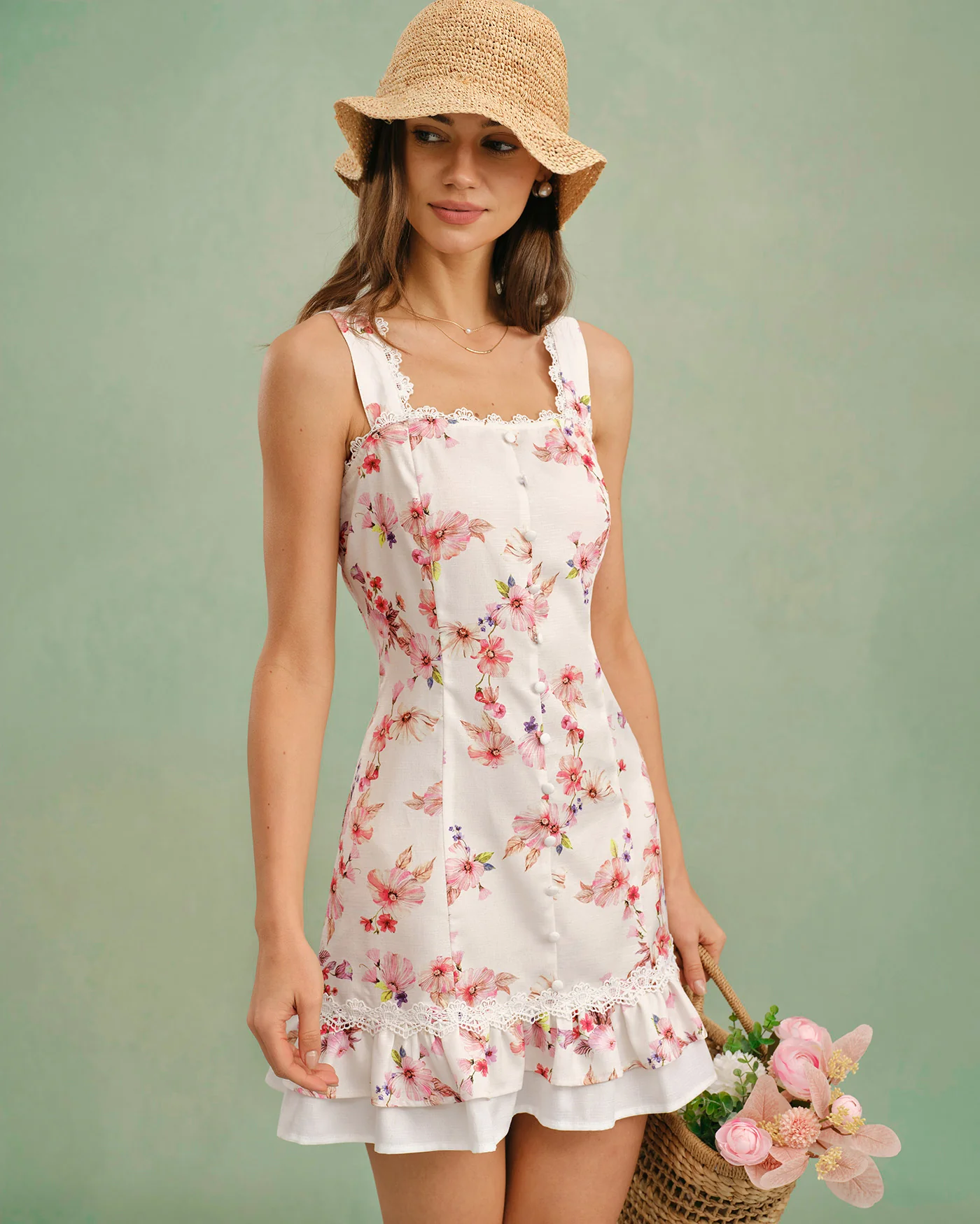 Floral Square Neck Button Mini Dress - Image 3