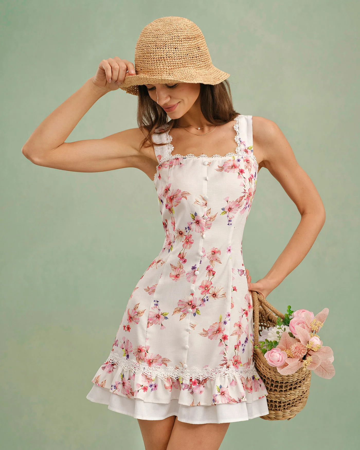 Floral Square Neck Button Mini Dress - Image 4