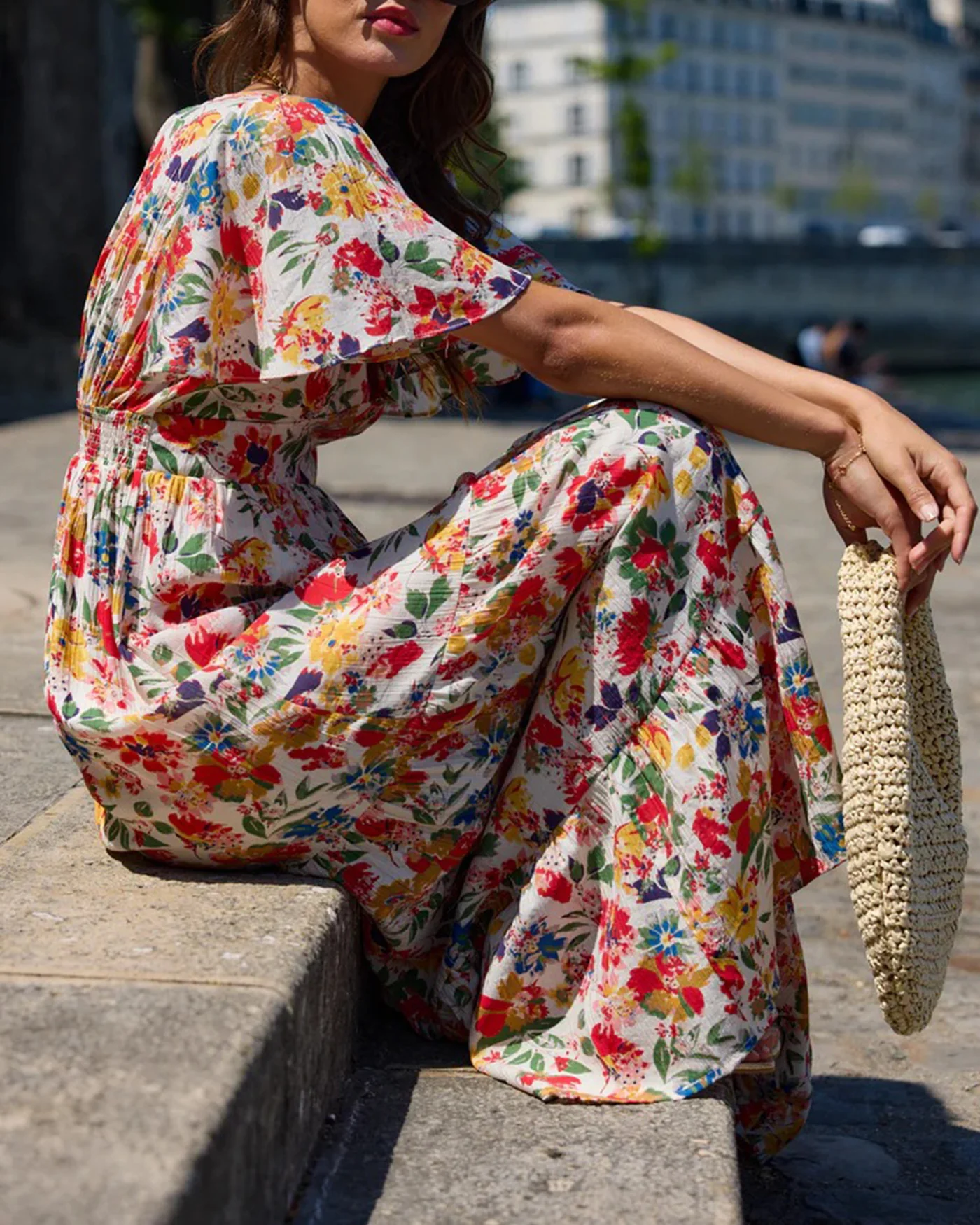 Floral V Neck Butterfly Sleeve Maxi Dress - Image 3