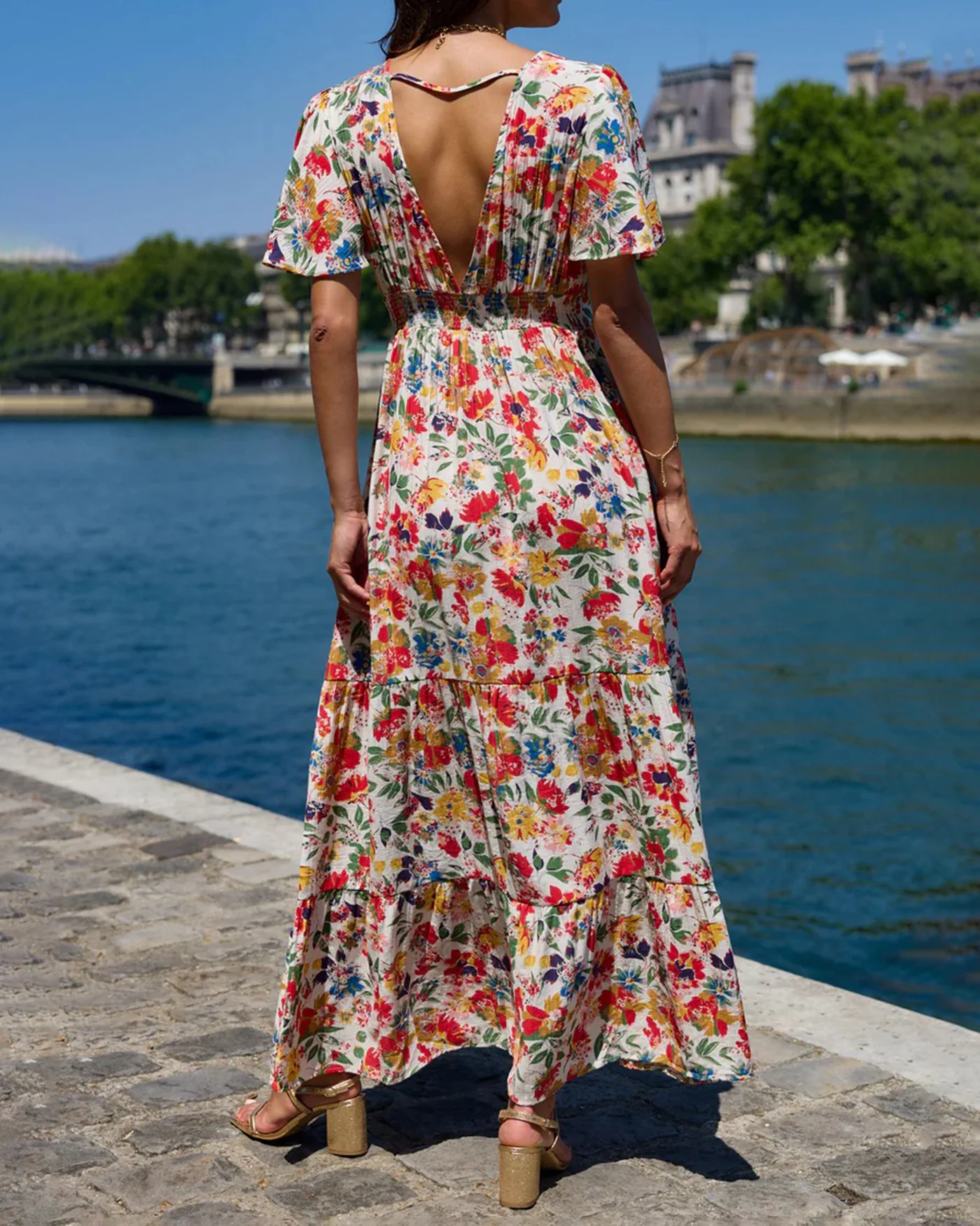 Floral V Neck Butterfly Sleeve Maxi Dress - Image 4