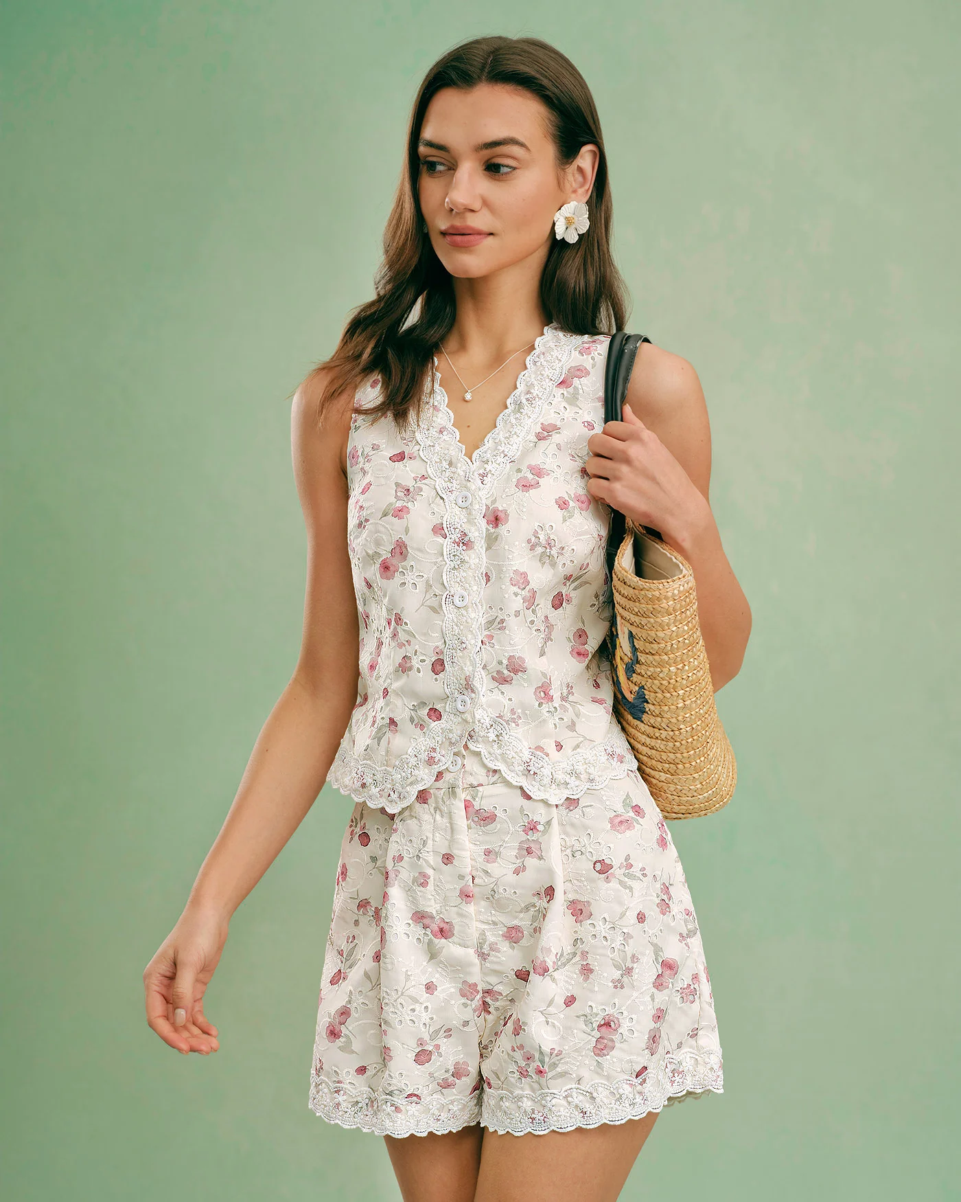 Floral V Neck Single Breasted Vest - Image 7