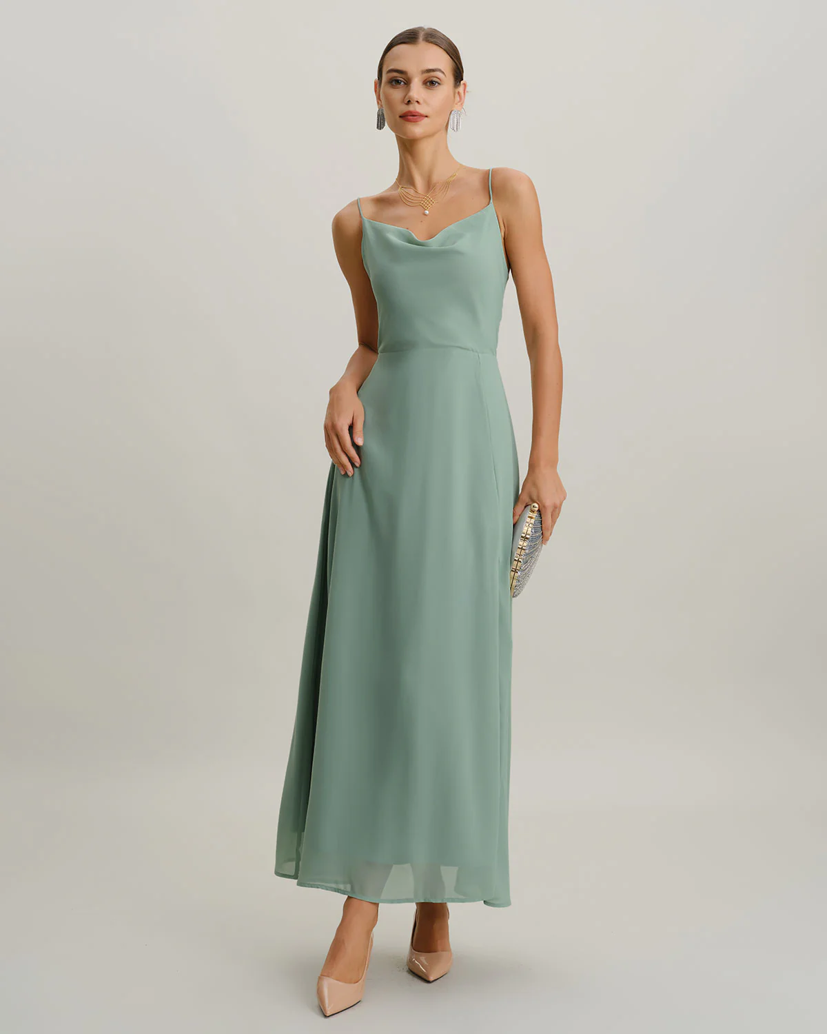 Green A-Line Backless Slip Maxi Dress - Image 3