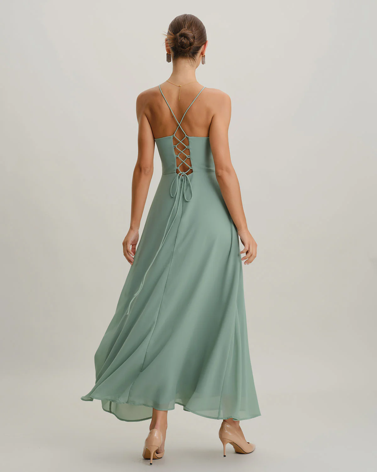 Green A-Line Backless Slip Maxi Dress - Image 5