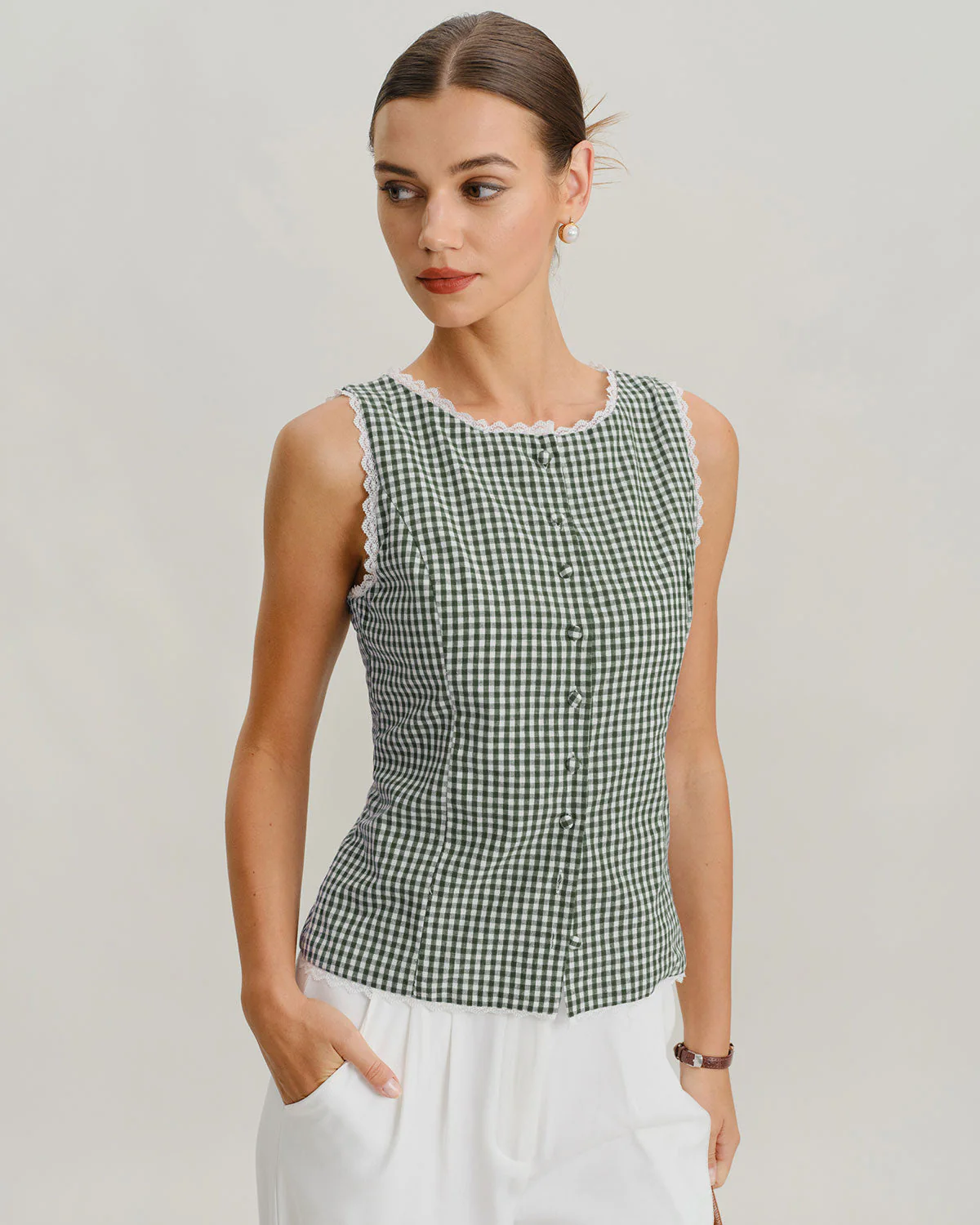 Green Boat Neck Plaid Tank Top - Image 3