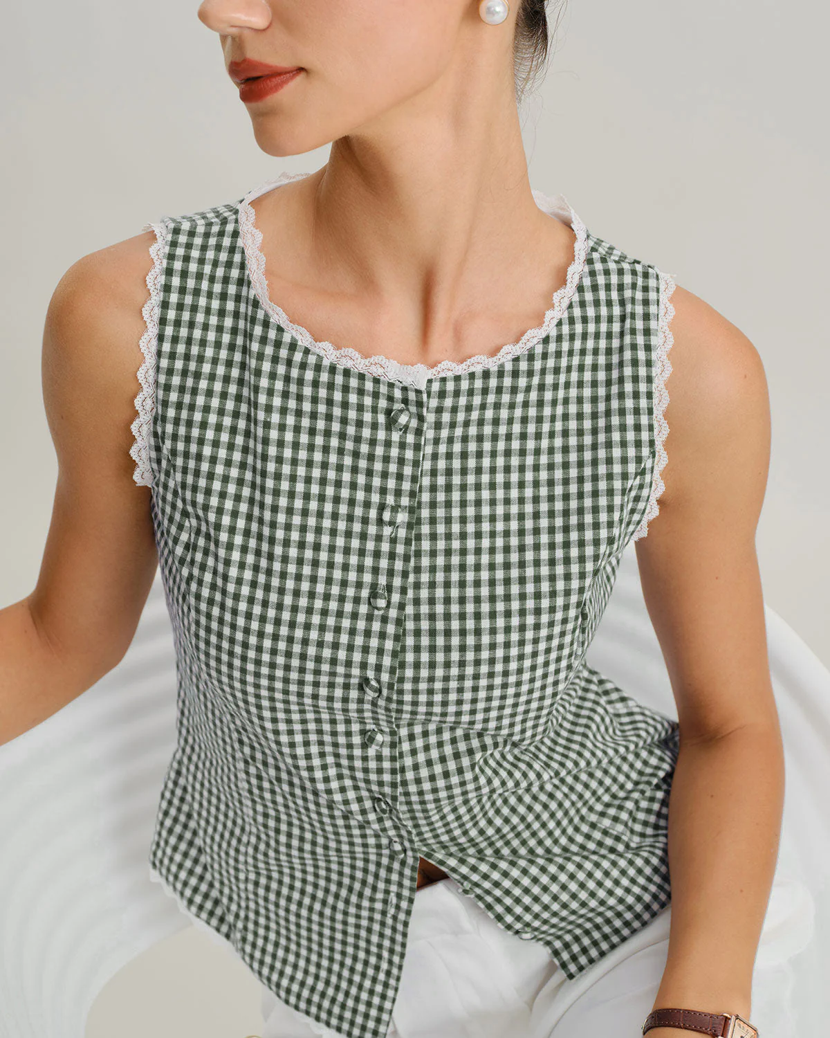Green Boat Neck Plaid Tank Top - Image 4