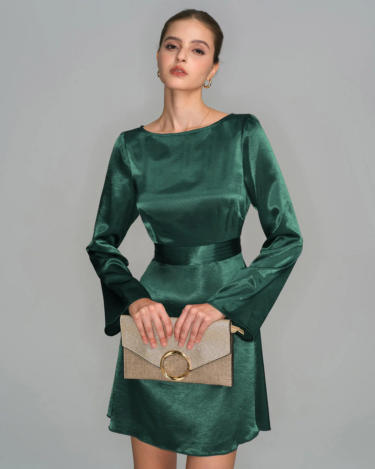 Green Boat Neck Satin Mini Dress - Image 2