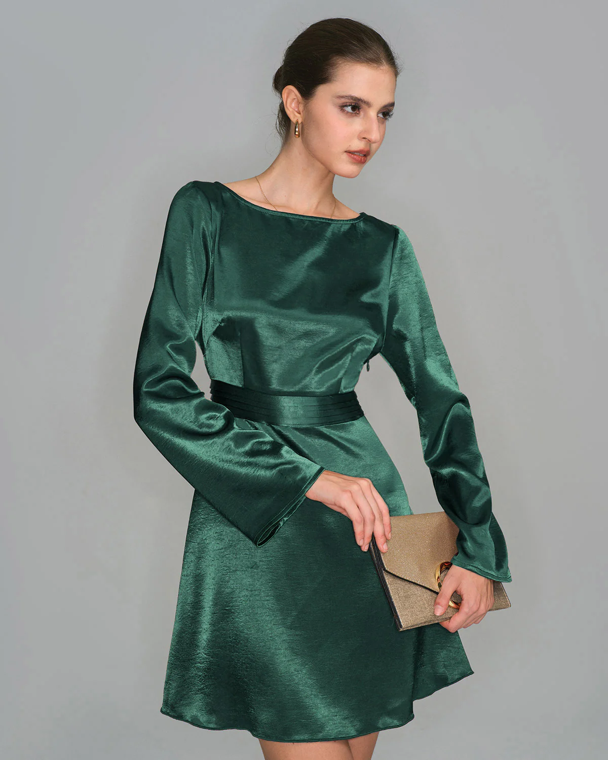 Green Boat Neck Satin Mini Dress - Image 3