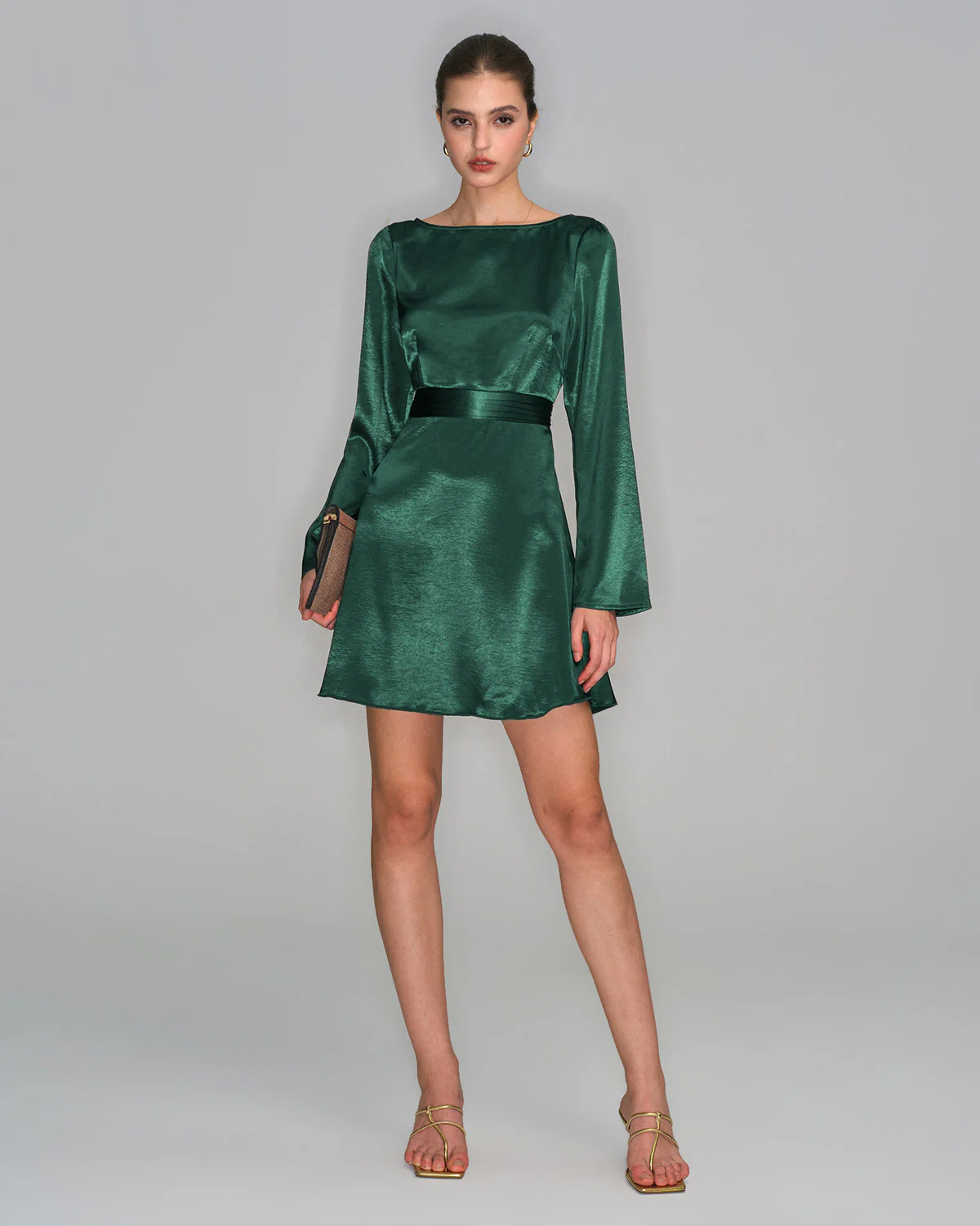 Green Boat Neck Satin Mini Dress - Image 5