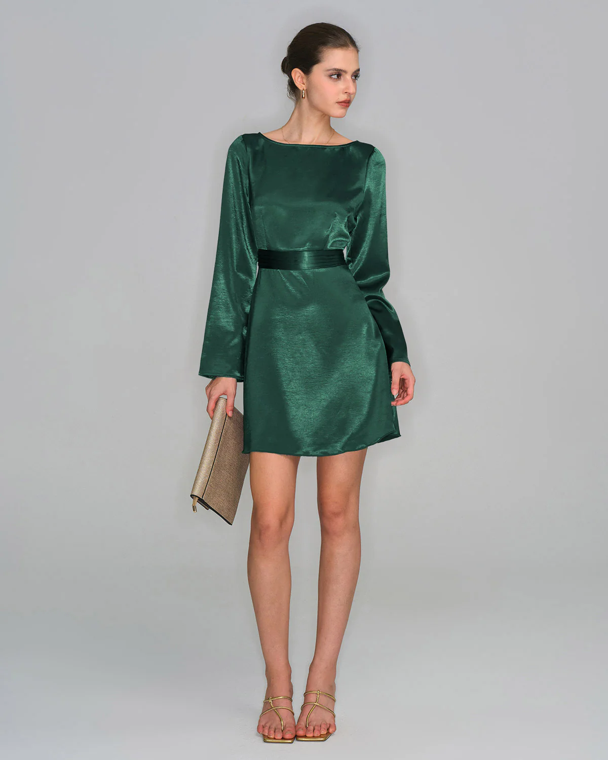 Green Boat Neck Satin Mini Dress - Image 6