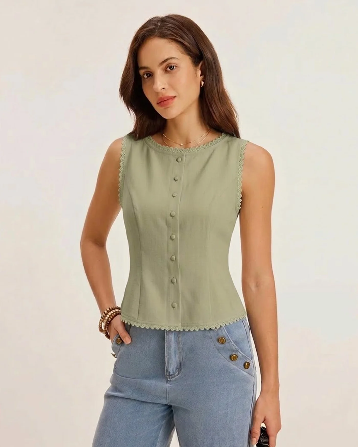 Green Boat Neck Single Breasted Vest - Image 2