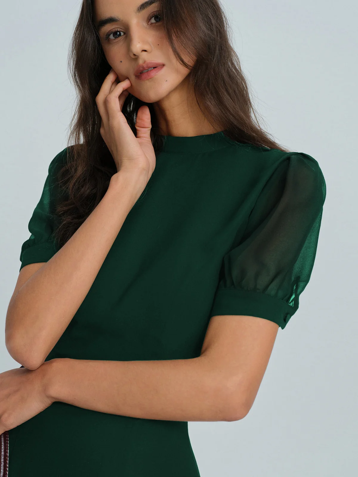 Green Chiffon Mock Neck Mini Dress - Image 2