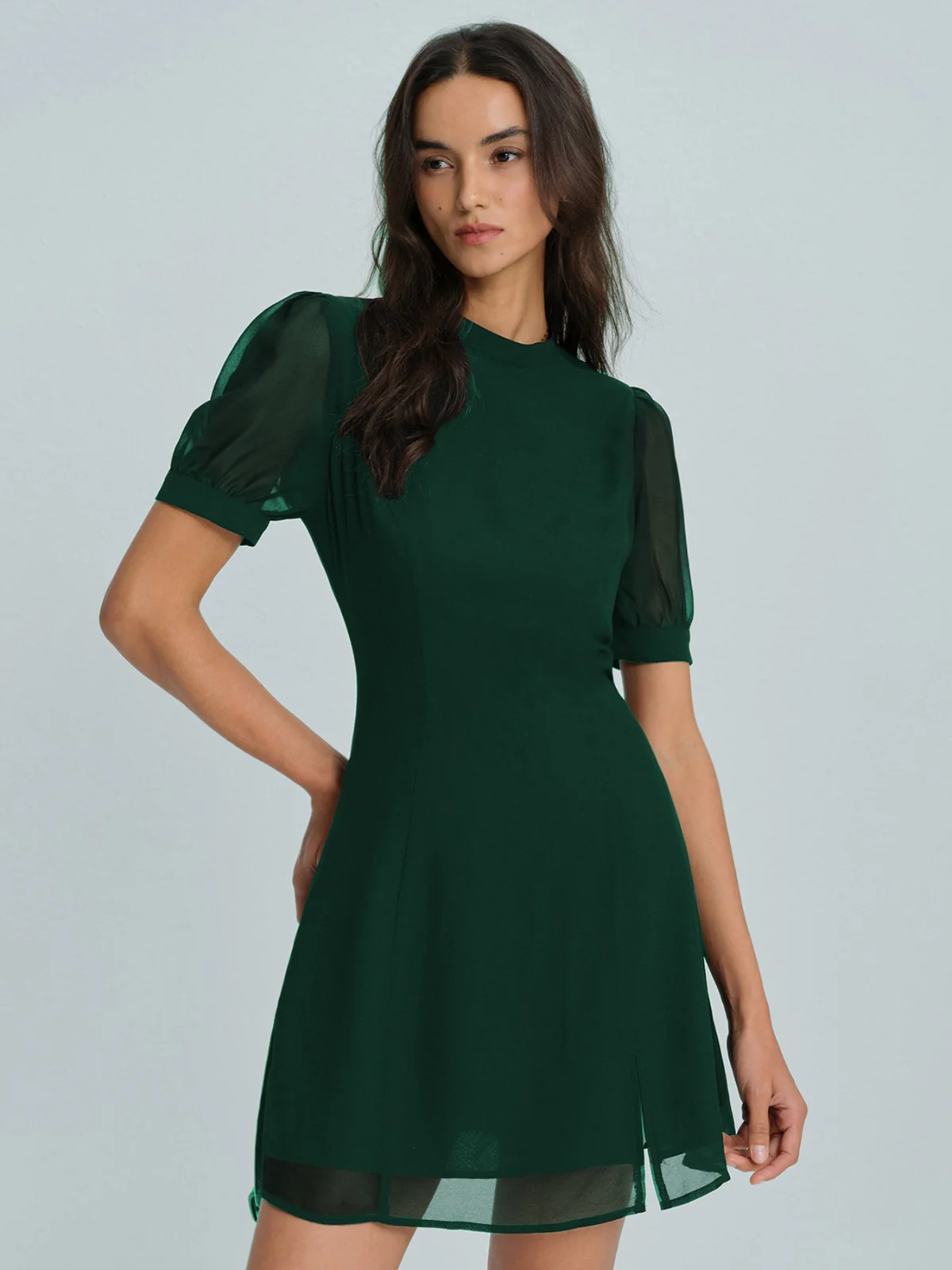 Green Chiffon Mock Neck Mini Dress - Image 3