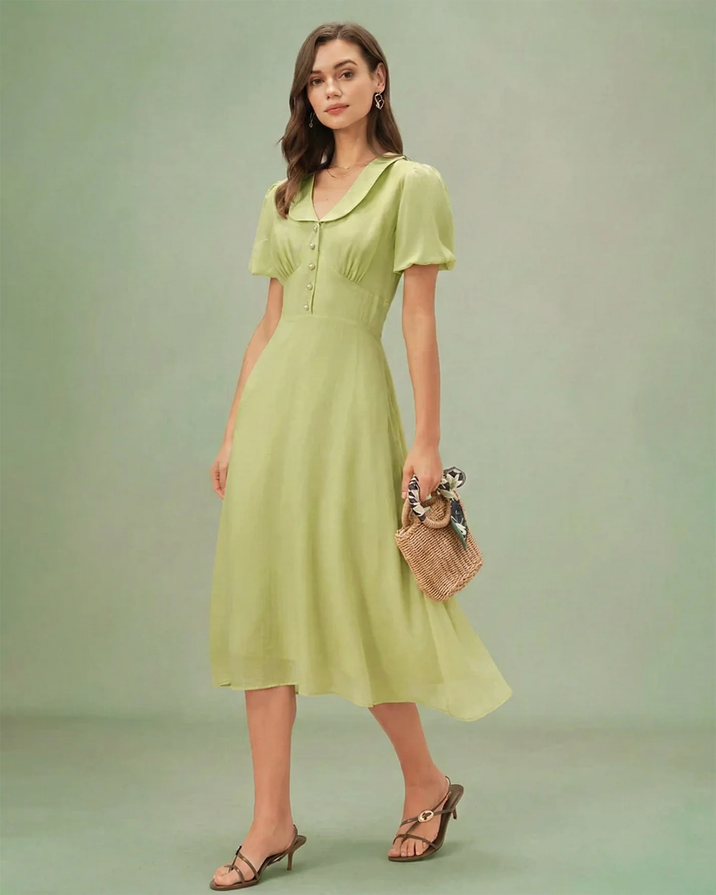 Green Collar Button Midi Dress - Image 2