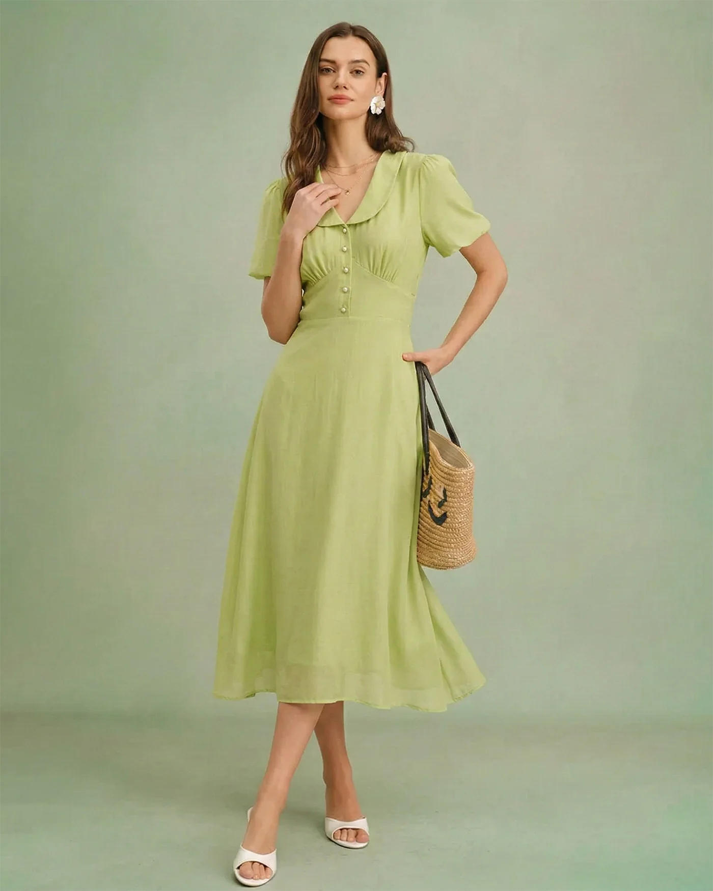 Green Collar Button Midi Dress - Image 3