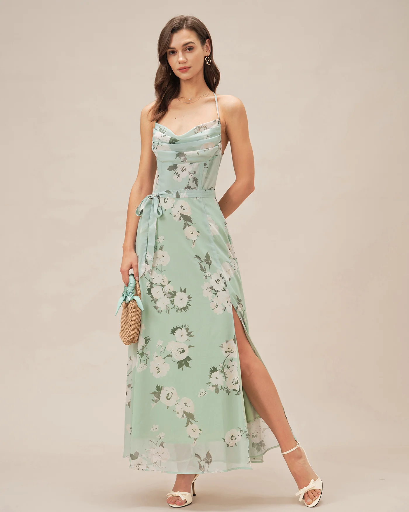 Green Cowl Neck Floral Maxi Dress - Image 4