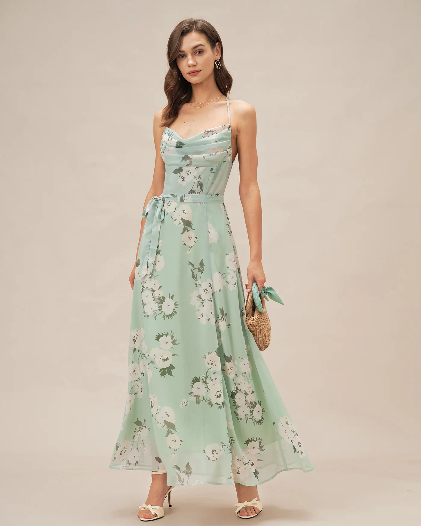 Green Cowl Neck Floral Maxi Dress - Image 5