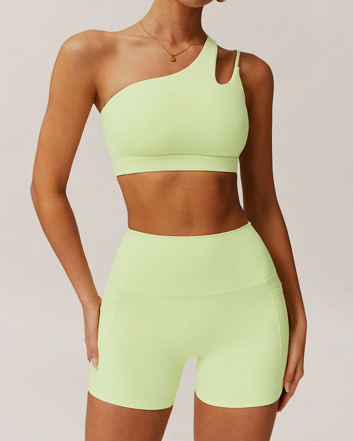 Green Cropped One Shoulder Yoga Cami Top - Light Support - Image 2