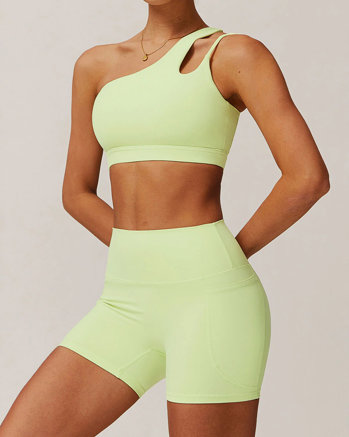 Green Cropped One Shoulder Yoga Cami Top - Light Support - Image 4