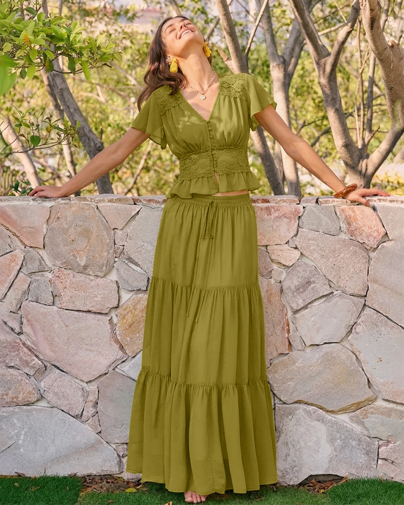 Green Elastic Waist Chiffon Maxi Skirt - Image 2