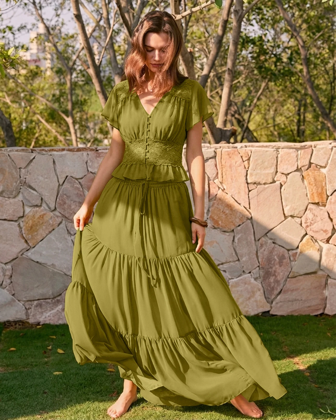 Green Elastic Waist Chiffon Maxi Skirt - Image 4