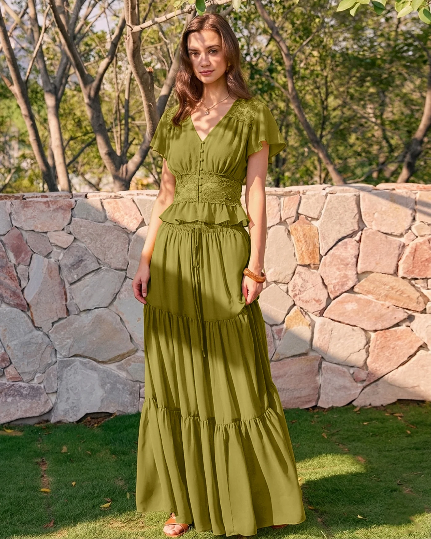Green Elastic Waist Chiffon Maxi Skirt - Image 5