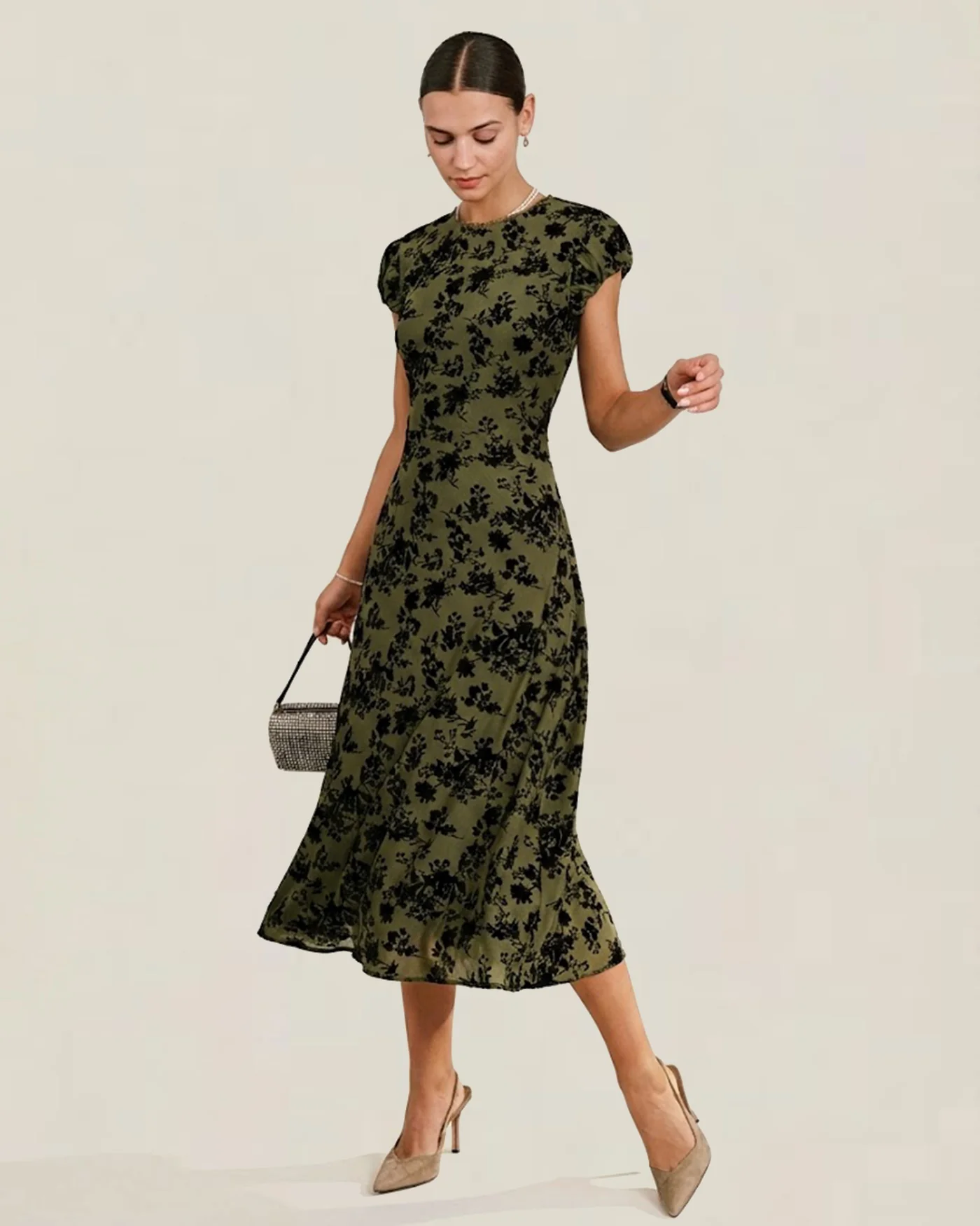 Green Floral A-Line Cap Sleeve Midi Dress - Image 2