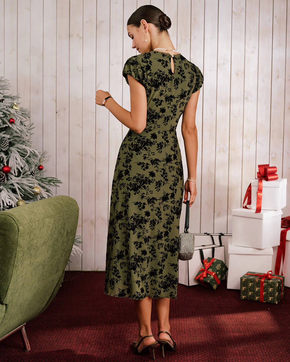 Green Floral A-Line Cap Sleeve Midi Dress - Image 7