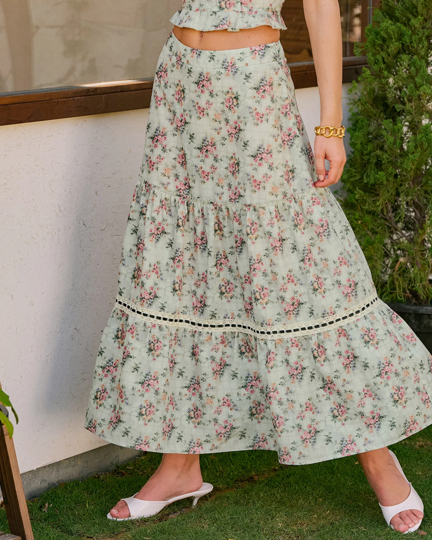 Green Floral A-Line Midi Skirt - Image 3