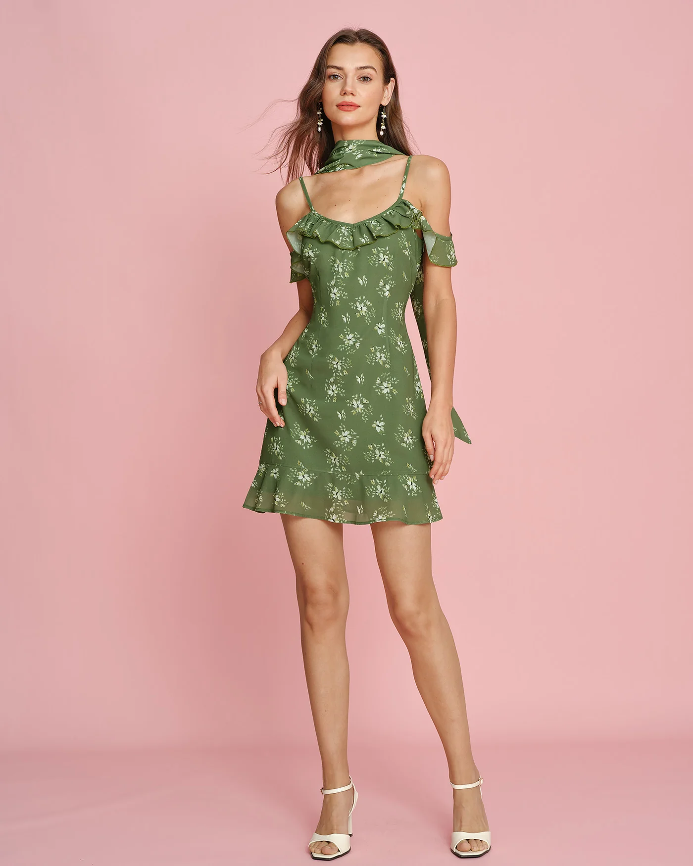 Green Floral Chiffon Slip Mini Dress - Image 3