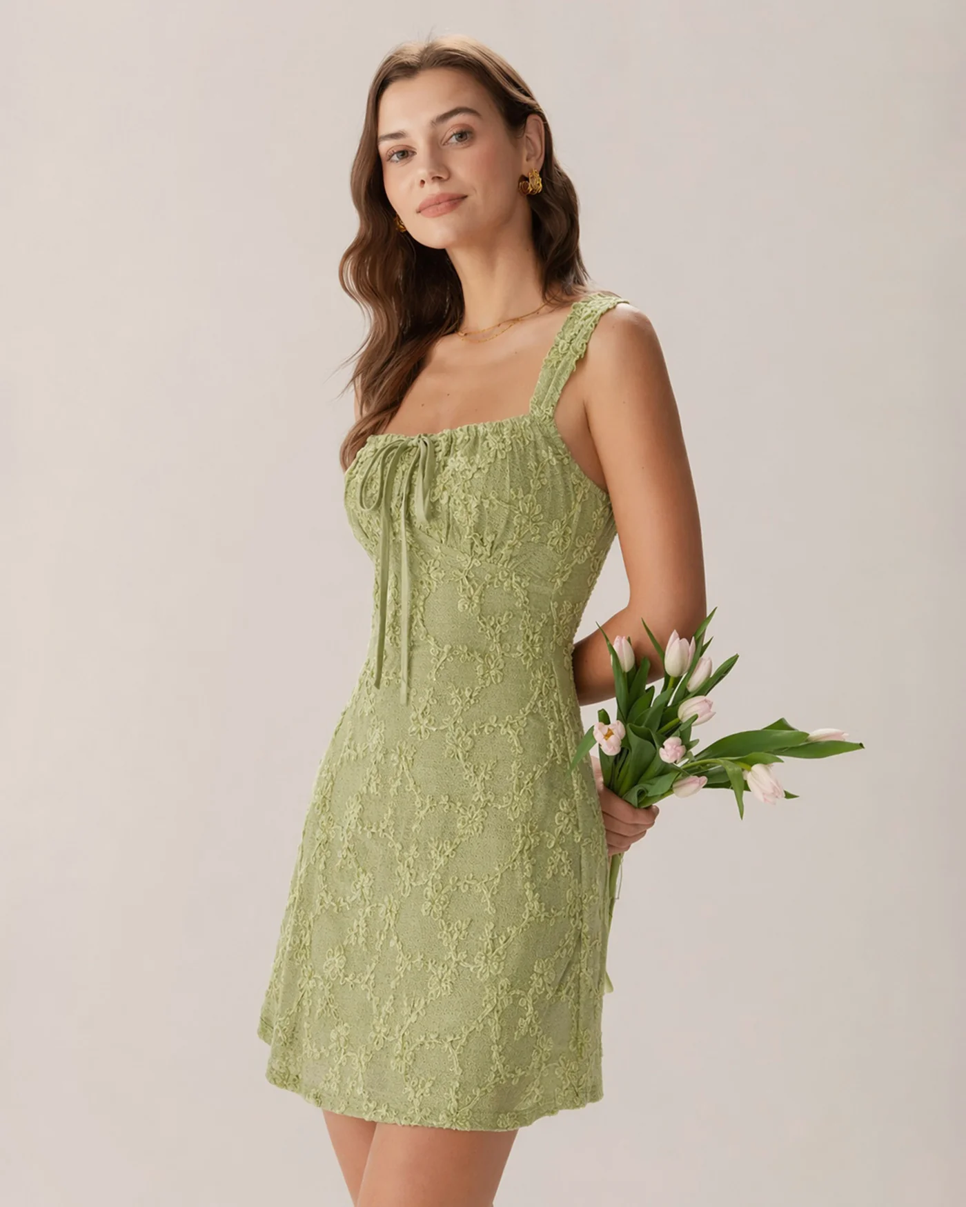 Green Floral Mesh Mini Dress - Image 3