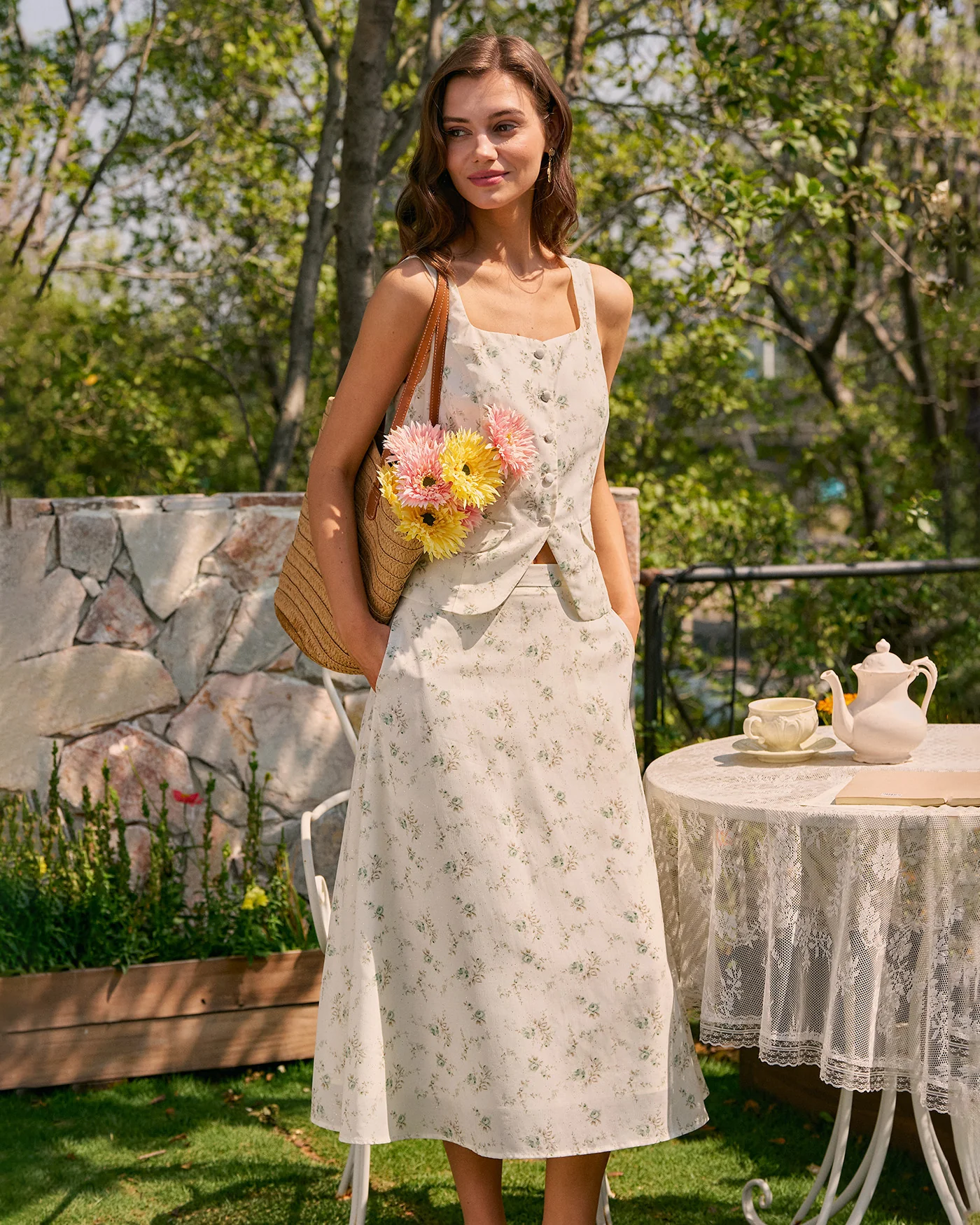 Green Floral Pockets Midi Skirt - Image 5