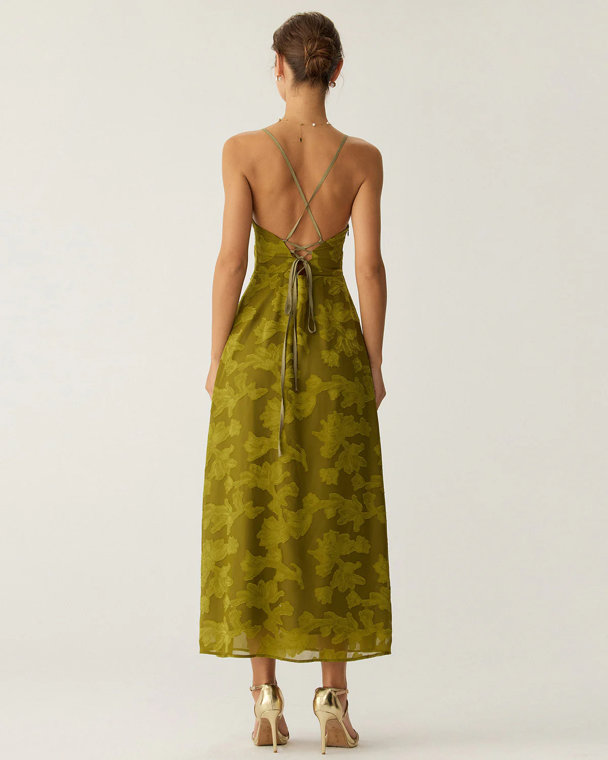Green Floral Ruched Backless Slip Maxi Dress - Image 5