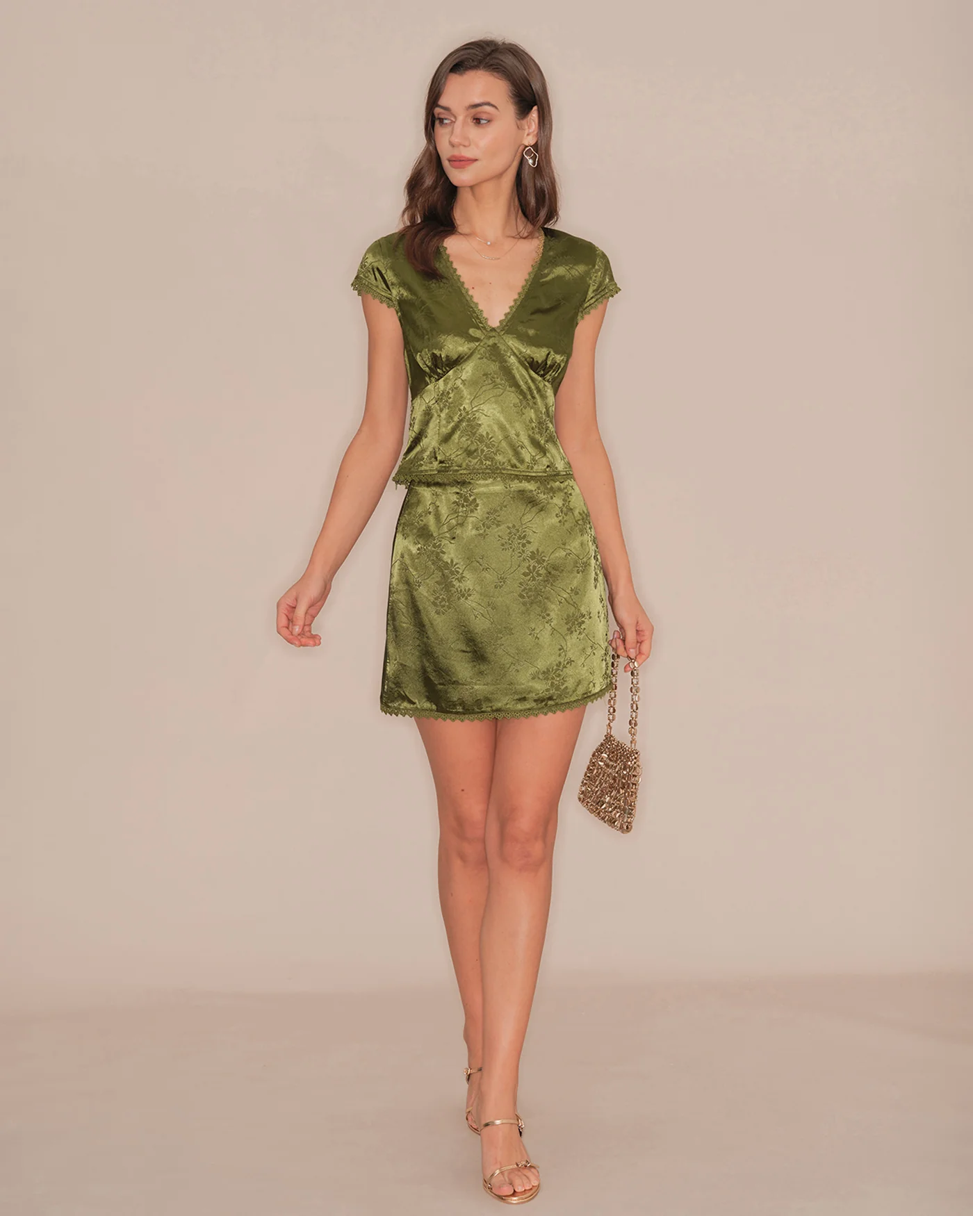 Green Floral Satin Mini Skirt - Image 6