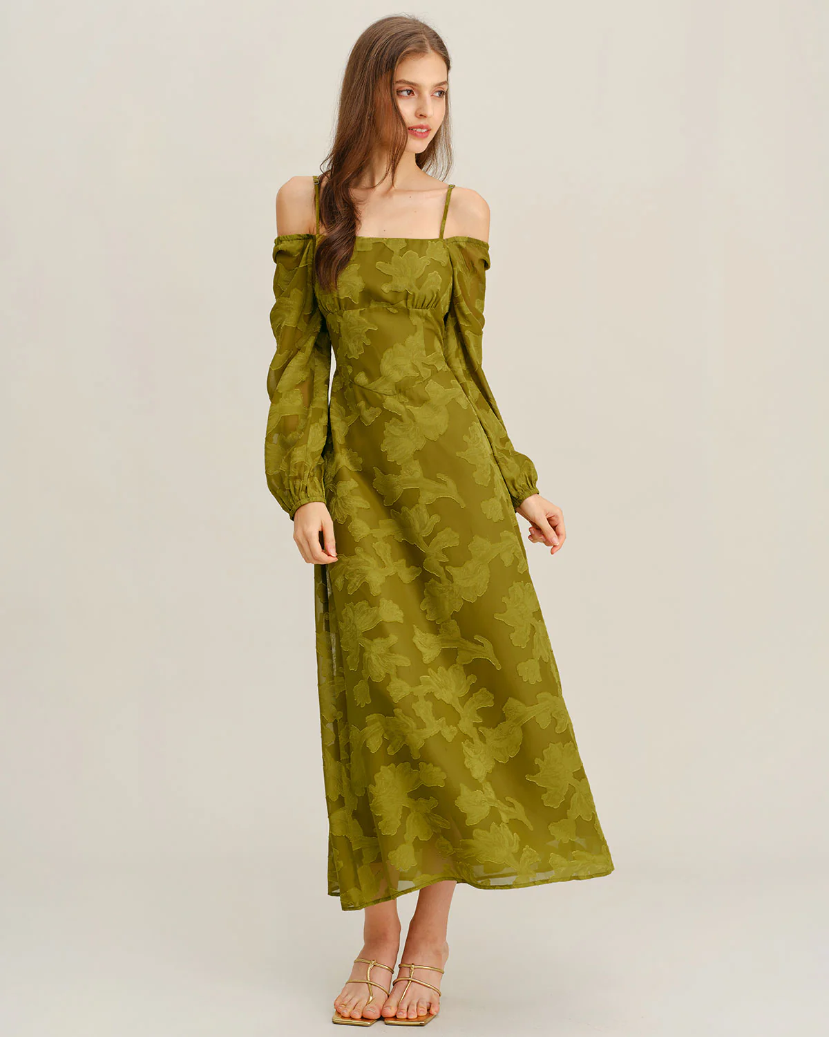 Green Floral Square Neck A-Line Maxi Dress - Image 3