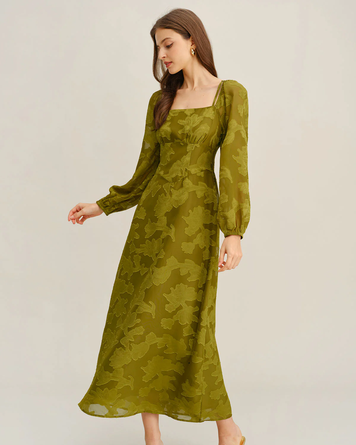 Green Floral Square Neck A-Line Maxi Dress - Image 4