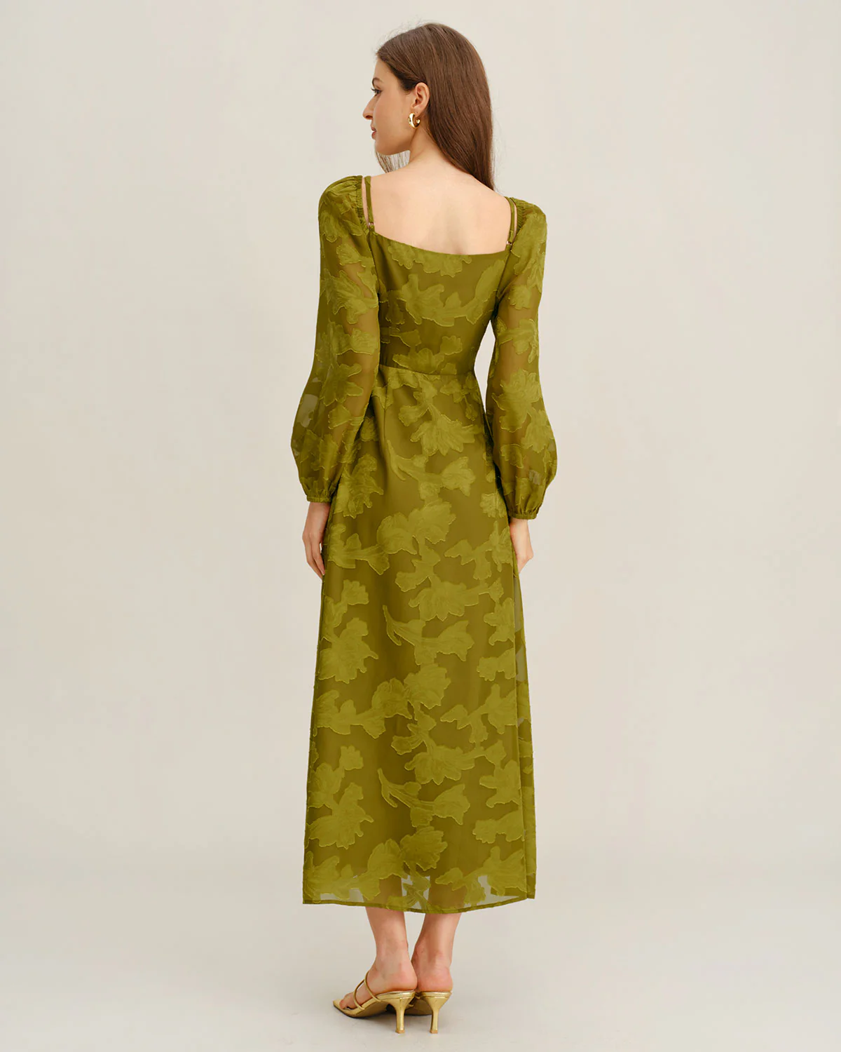 Green Floral Square Neck A-Line Maxi Dress - Image 5