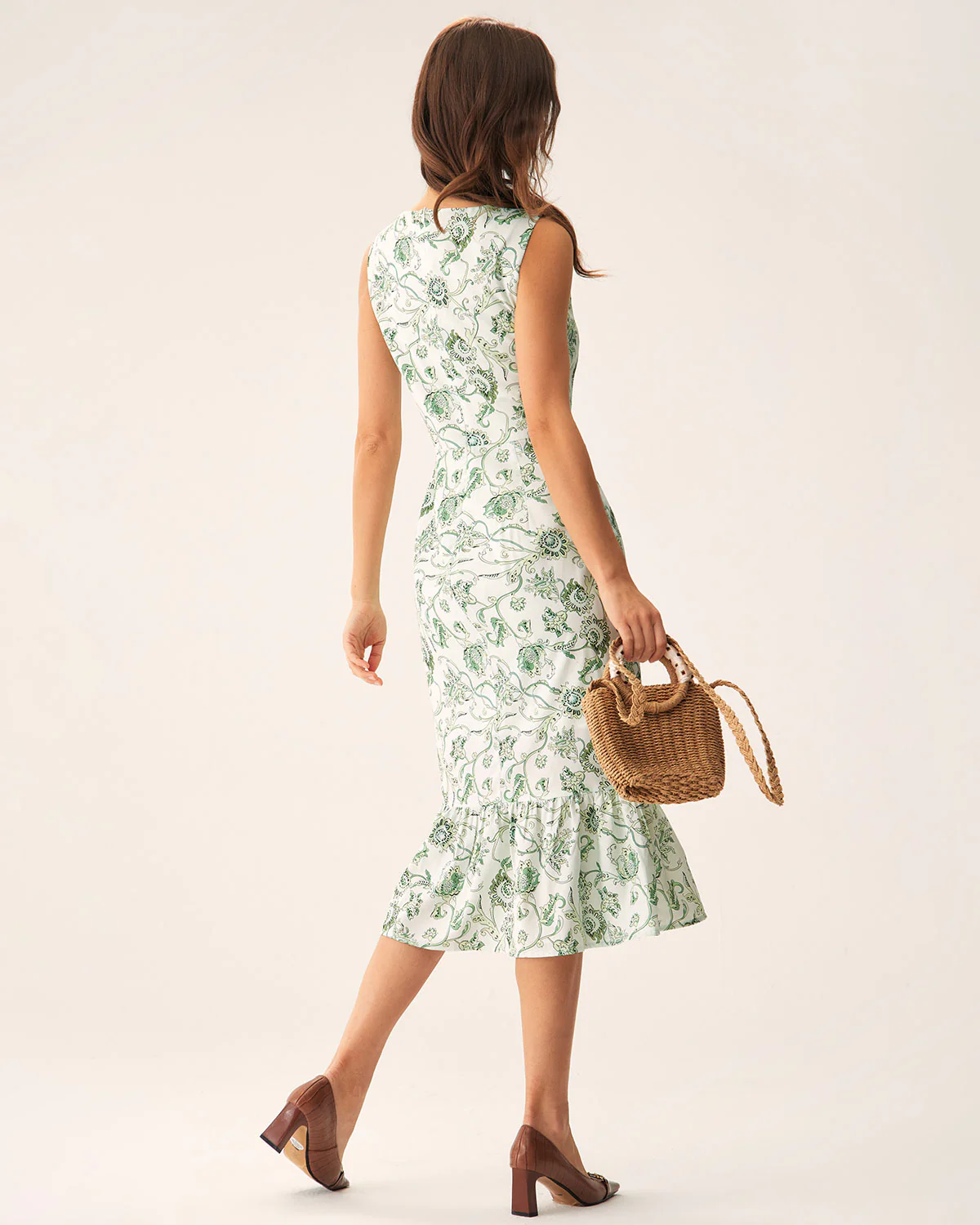Green Floral Square Neck Midi Dress - Image 6