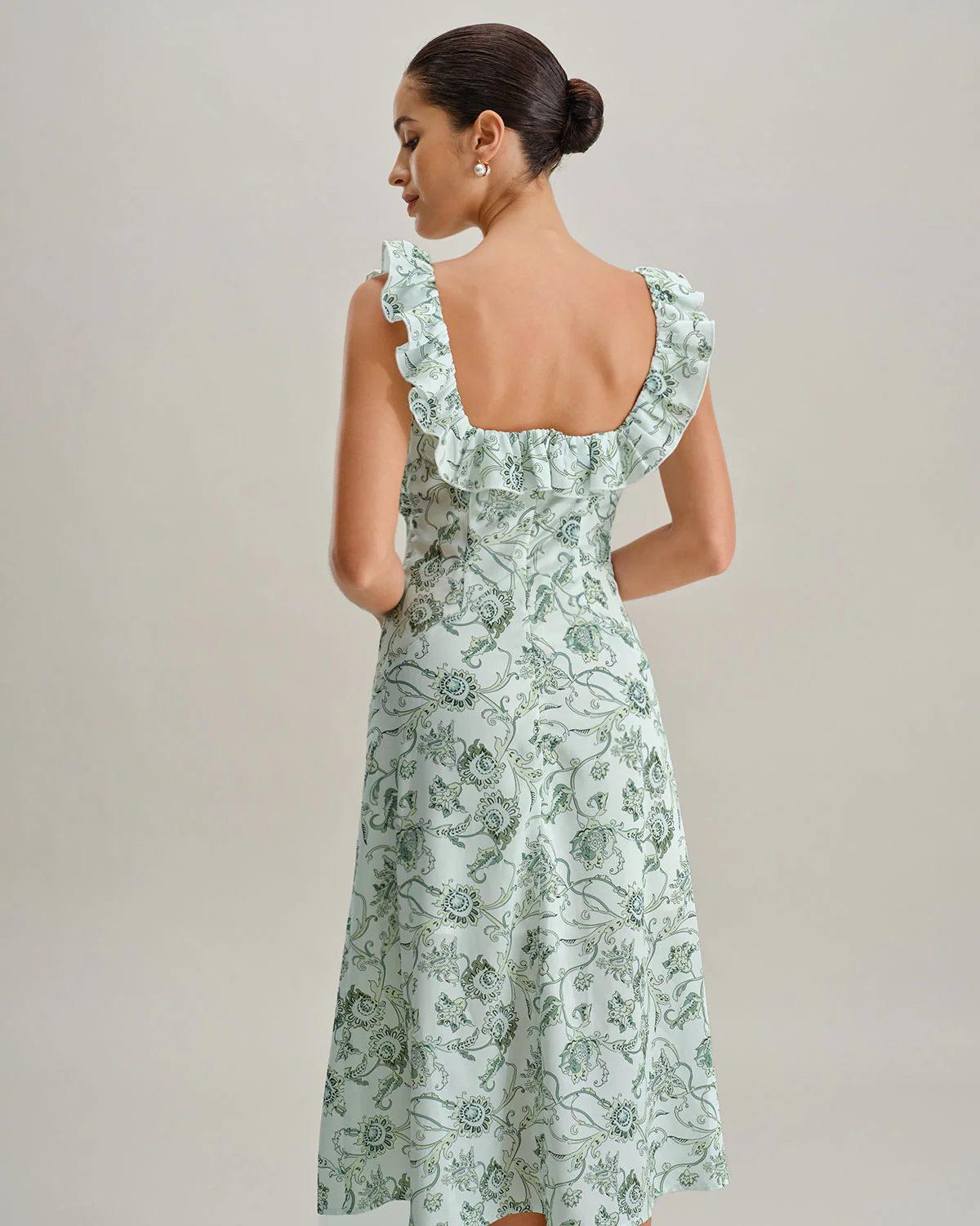 Green Floral Square Neck Ruched Midi Dress - Image 3