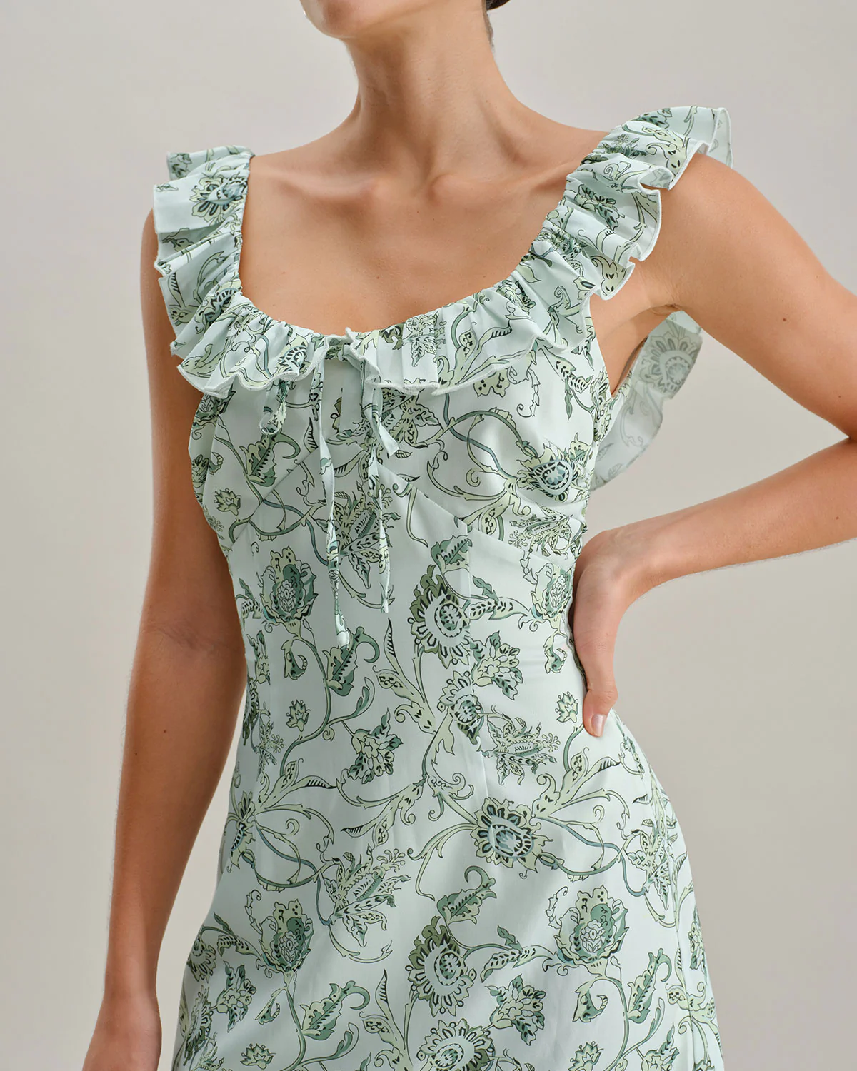 Green Floral Square Neck Ruched Midi Dress - Image 4
