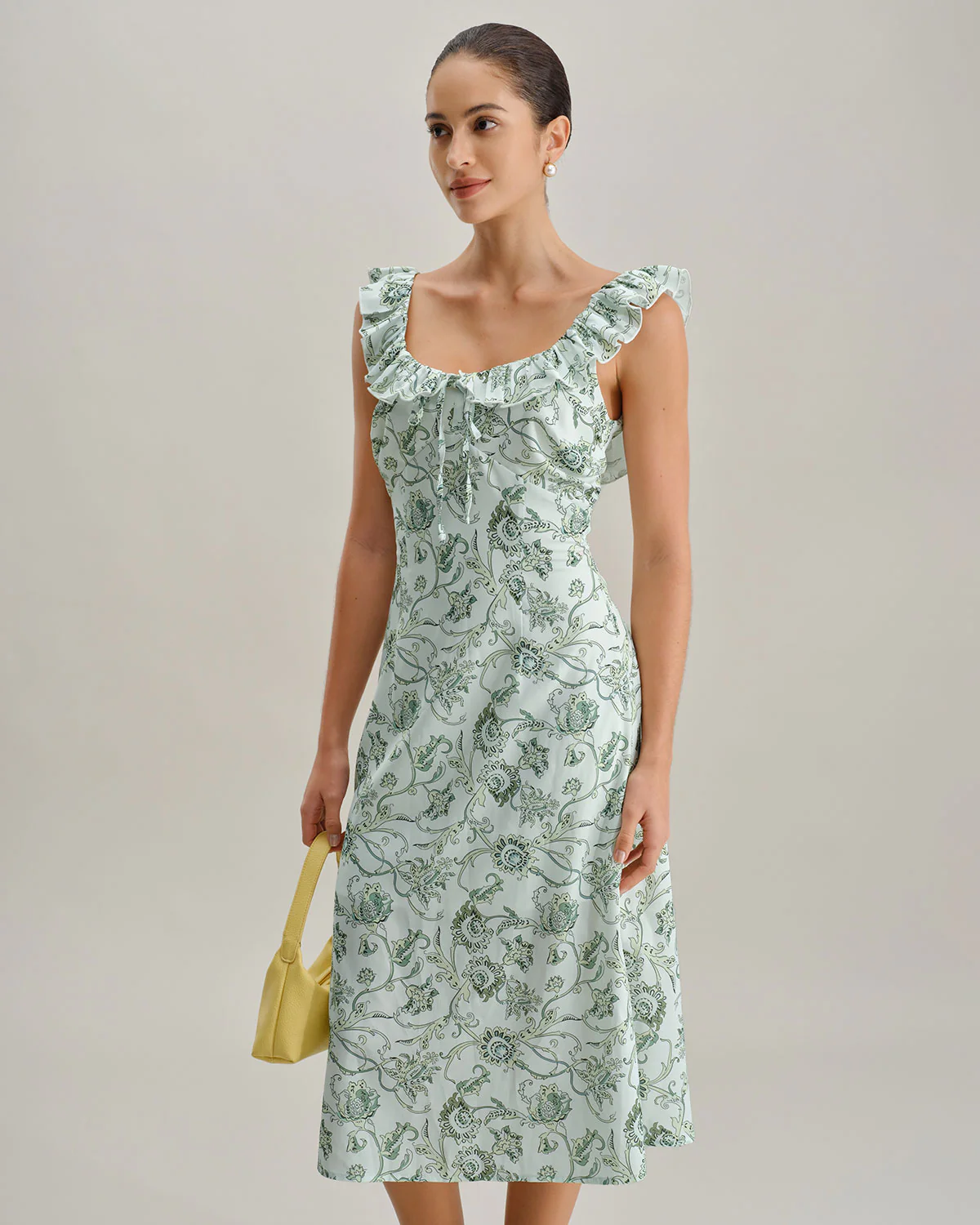 Green Floral Square Neck Ruched Midi Dress - Image 5