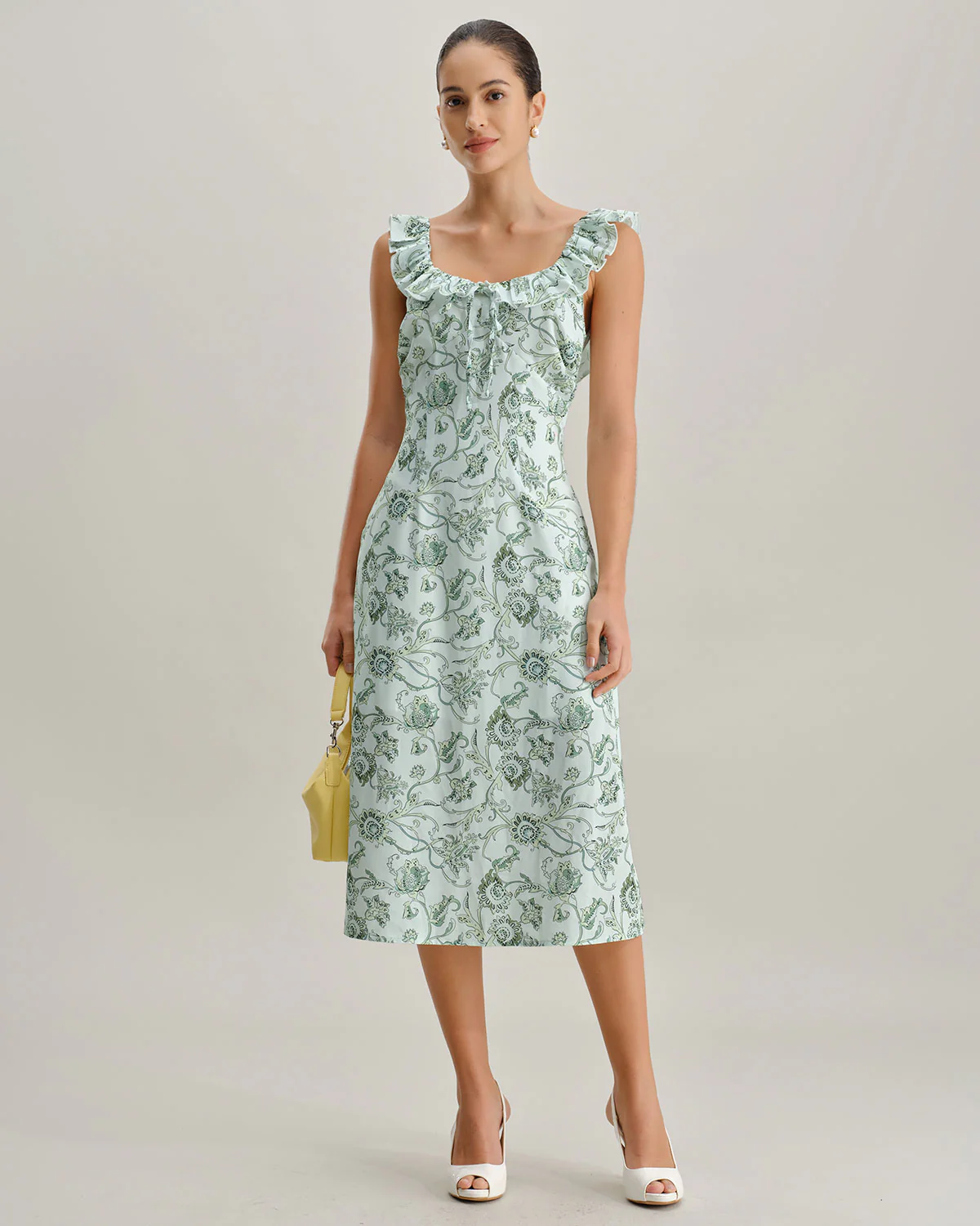 Green Floral Square Neck Ruched Midi Dress - Image 6