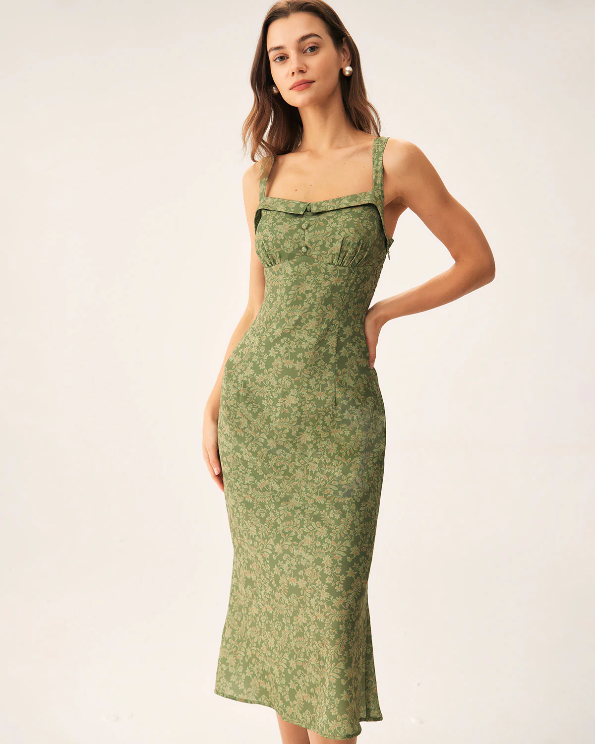 Green Floral Square Neck Slip Midi Dress - Image 4