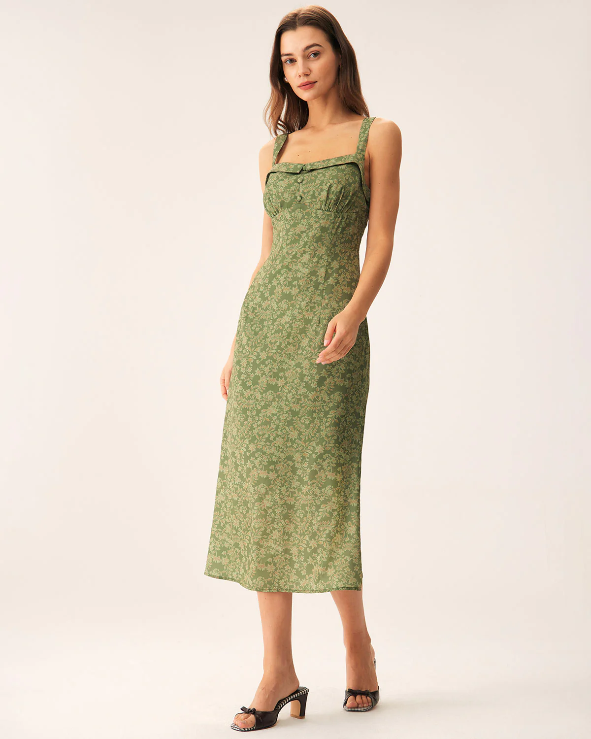 Green Floral Square Neck Slip Midi Dress - Image 6