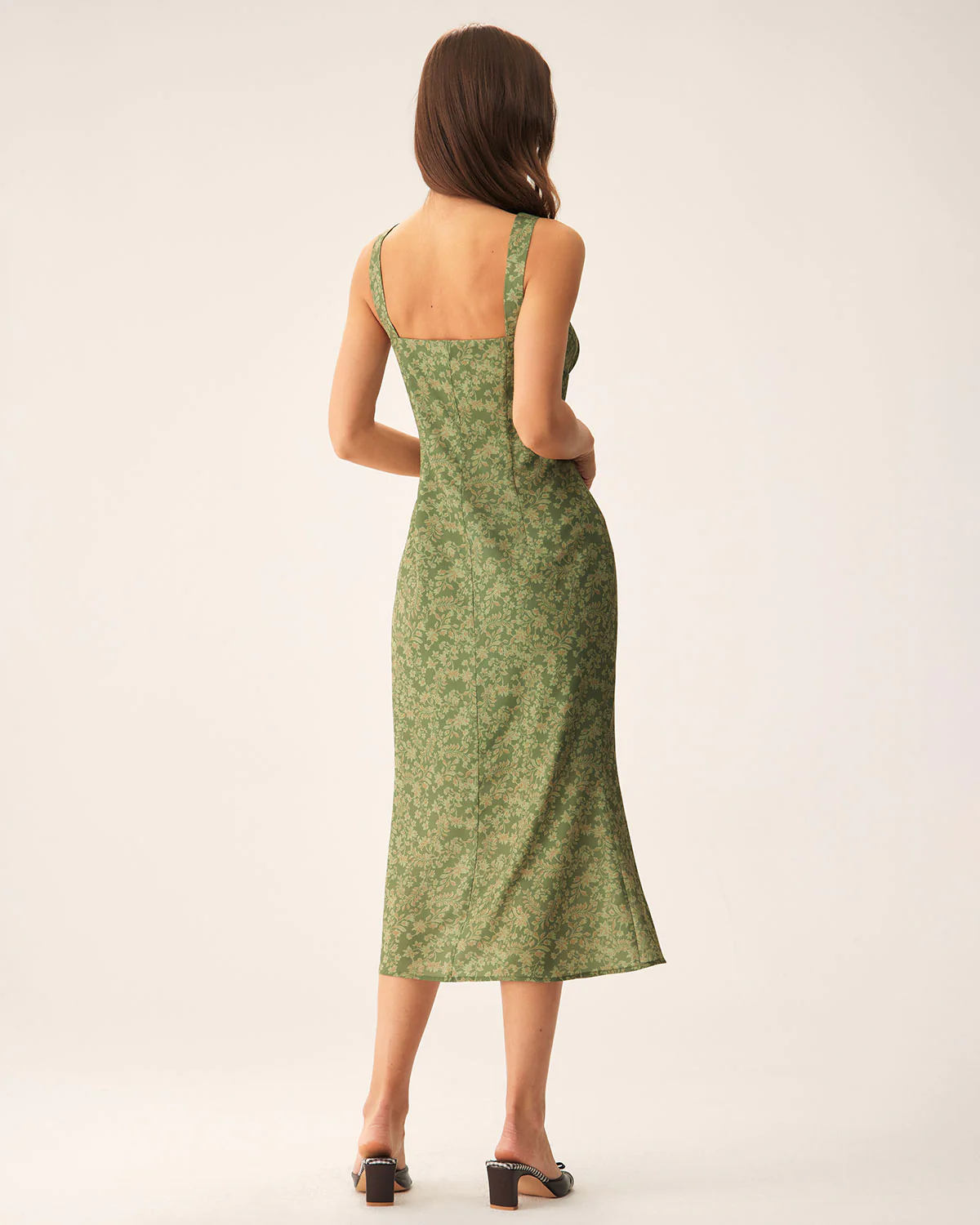 Green Floral Square Neck Slip Midi Dress - Image 8