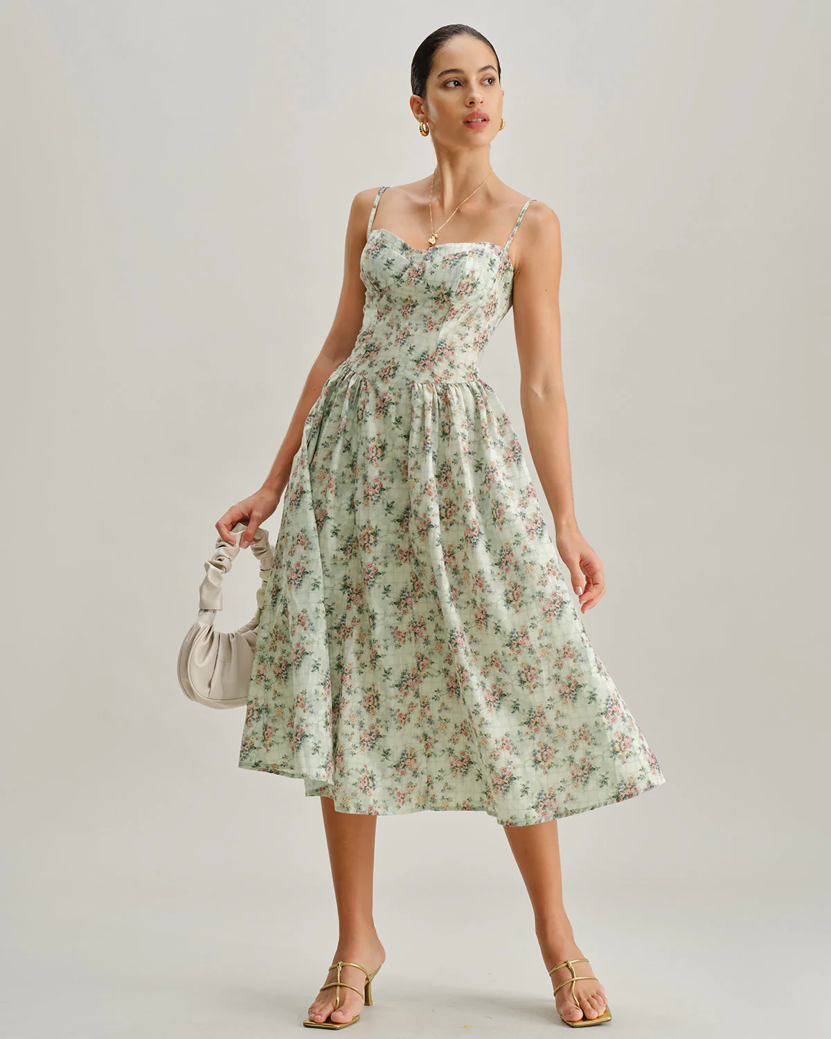 Green Floral Sweetheart Neck Pleated Slip Midi Dress - Image 3