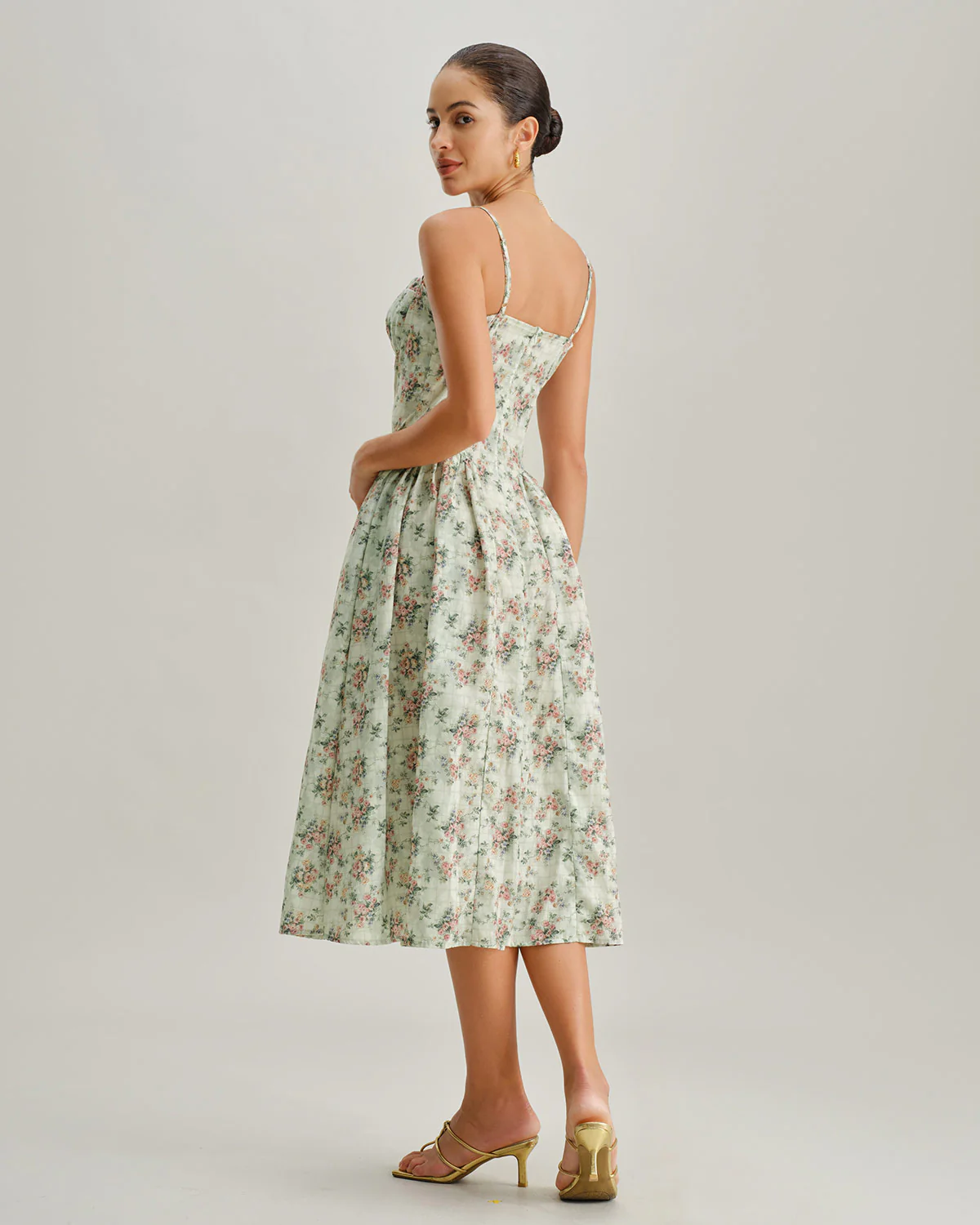 Green Floral Sweetheart Neck Pleated Slip Midi Dress - Image 4